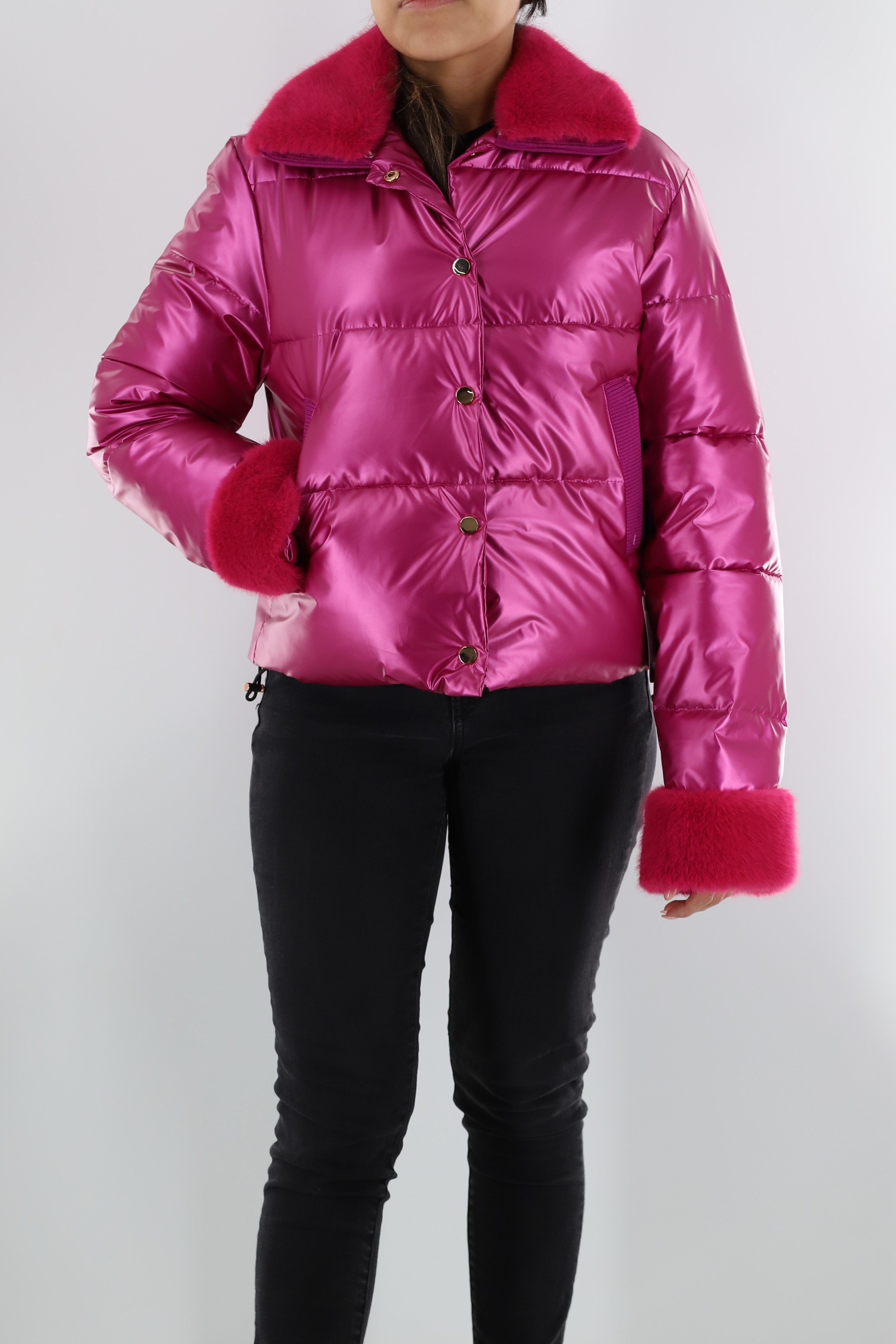 Metallic Puffer Jacket with Faux Fur Collar