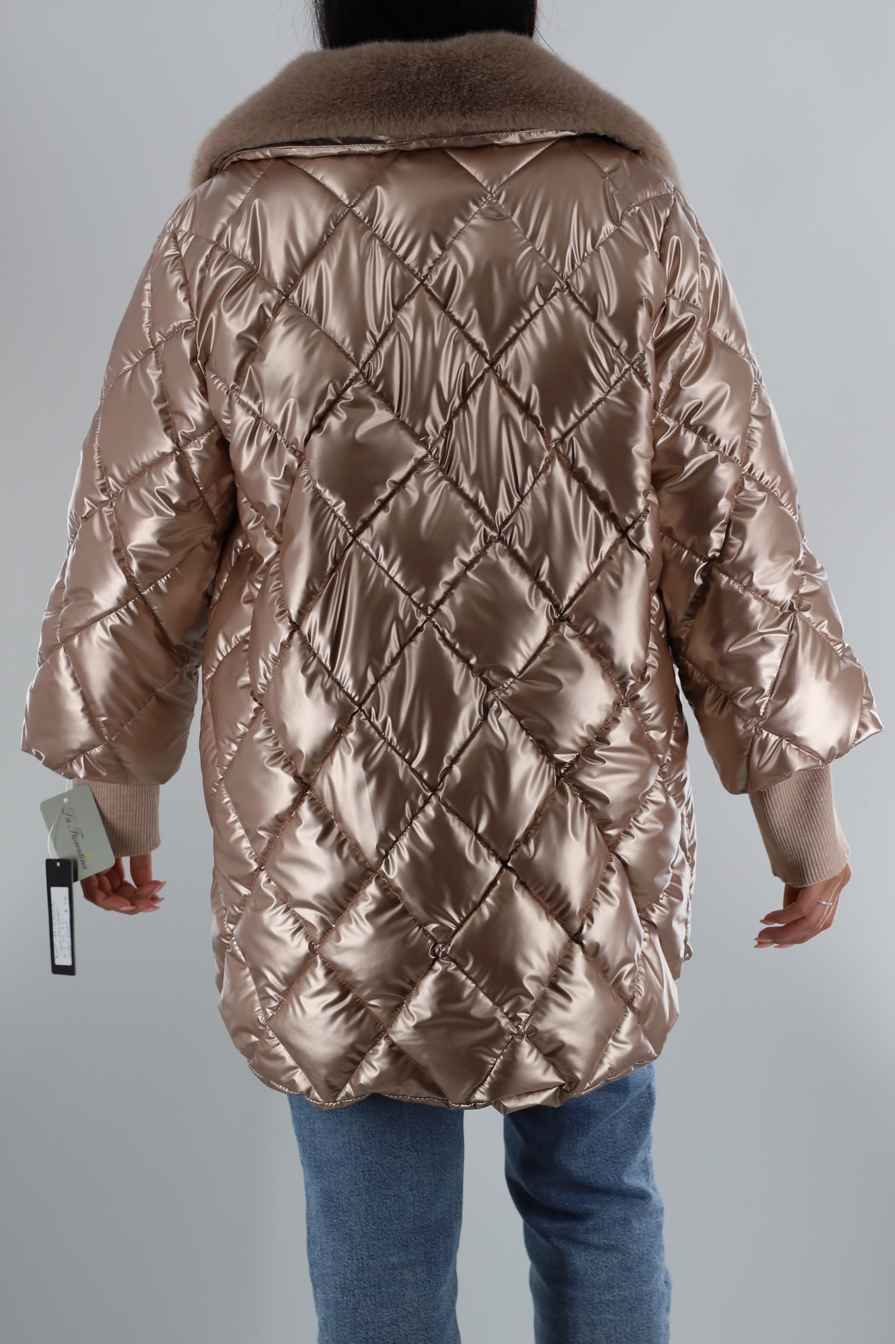 Quilted Metallic Puffer jacket with faux fur collar