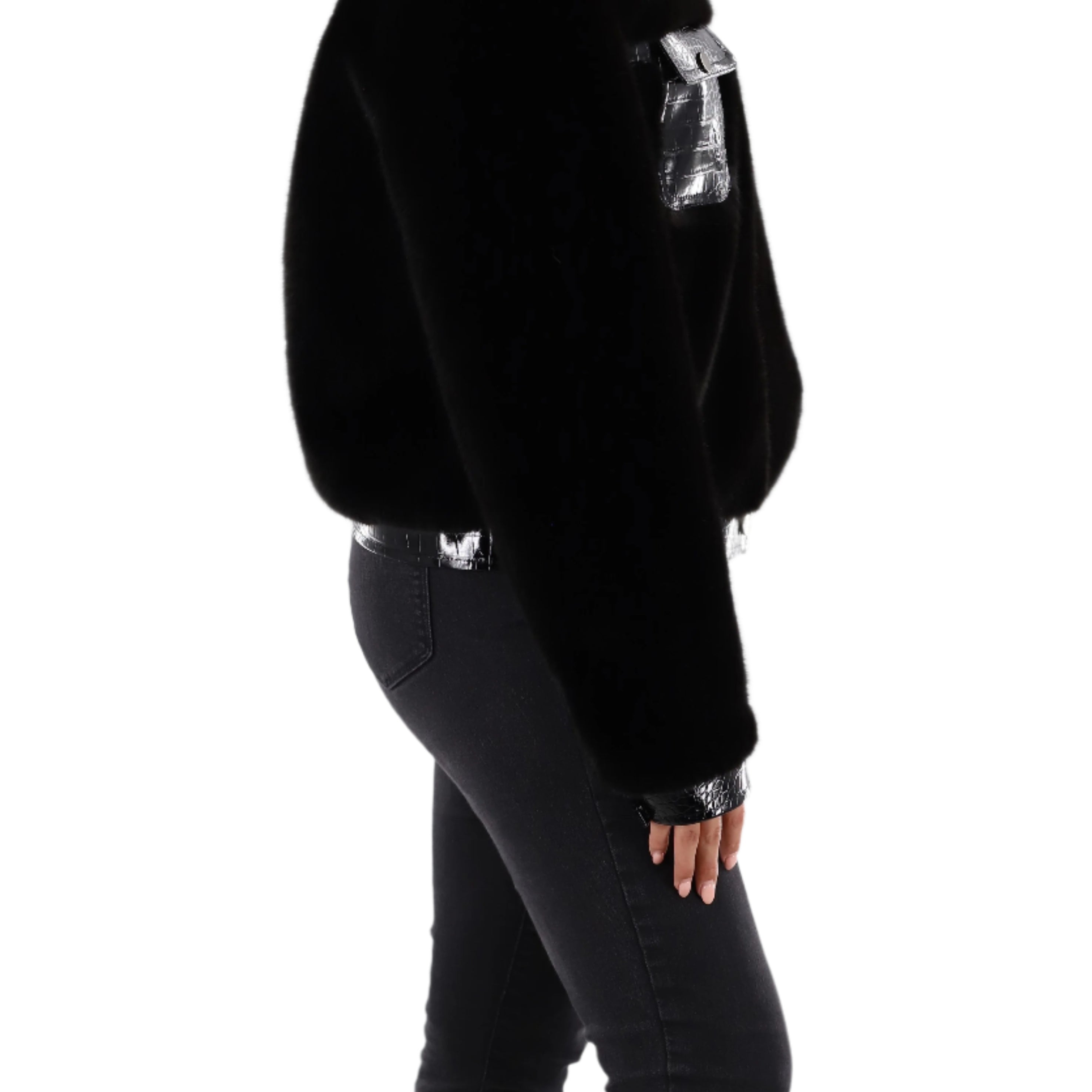 Faux fur jacket with PU leather detail