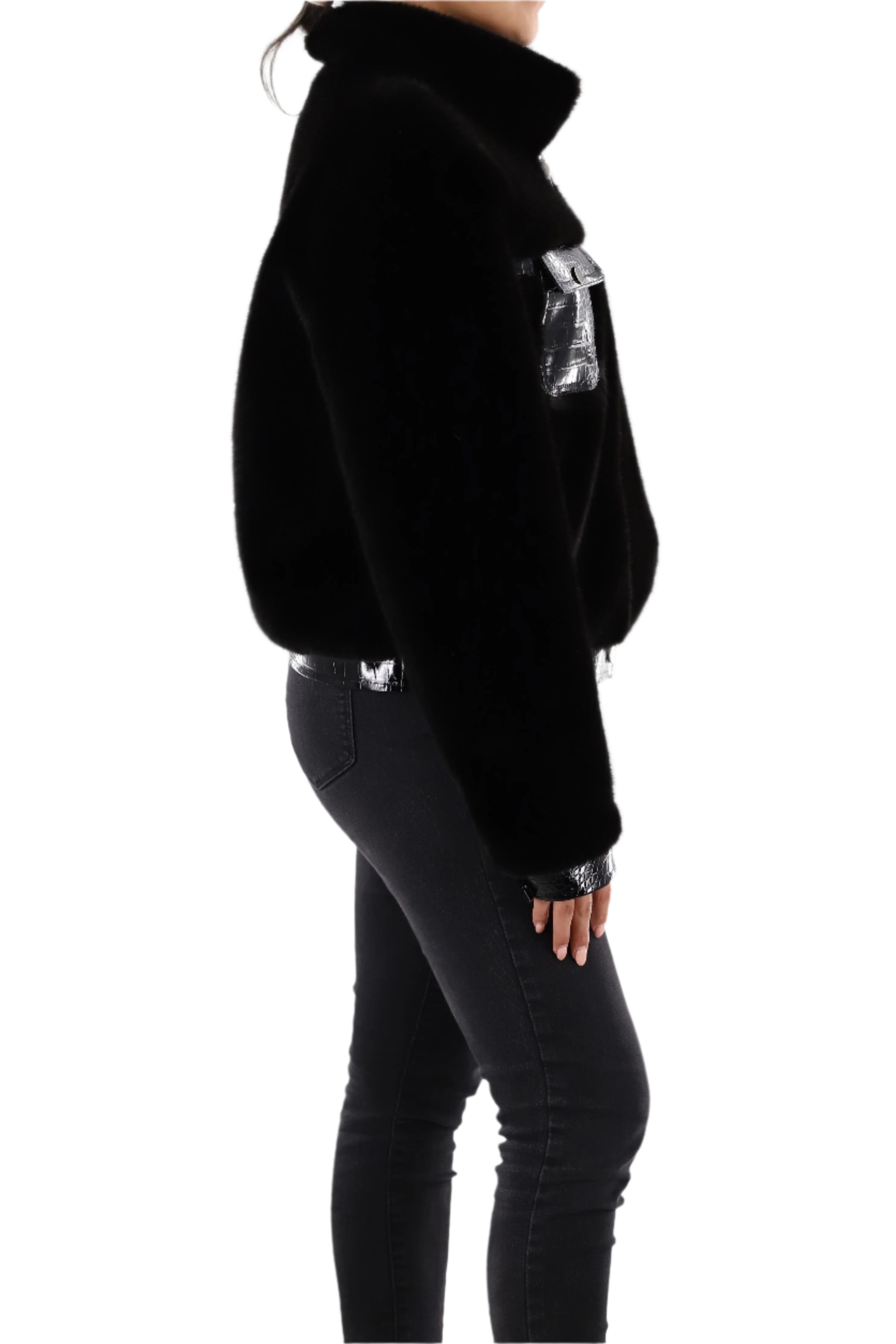 Faux fur jacket with PU leather detail