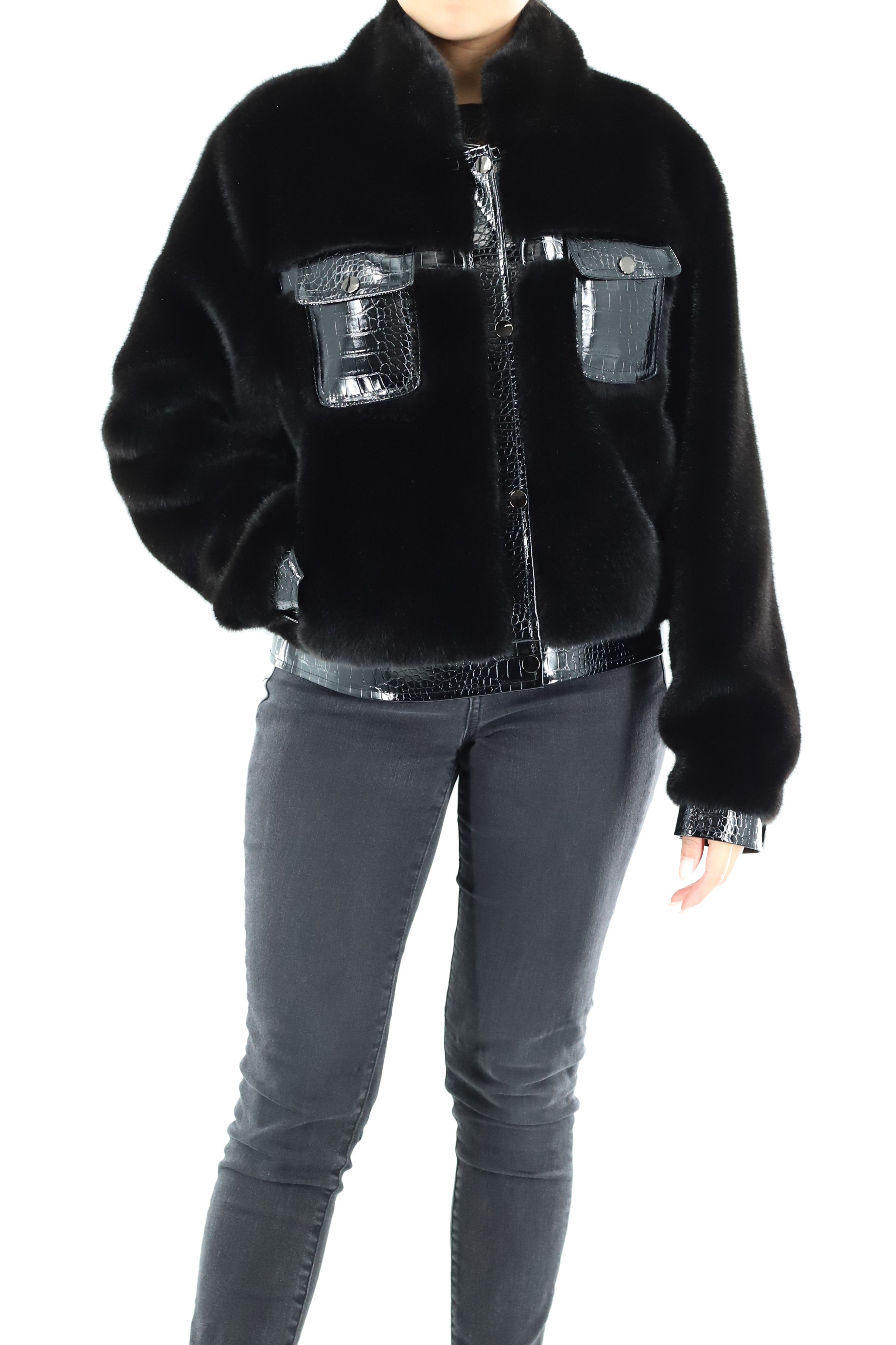 Faux fur jacket with PU leather detail