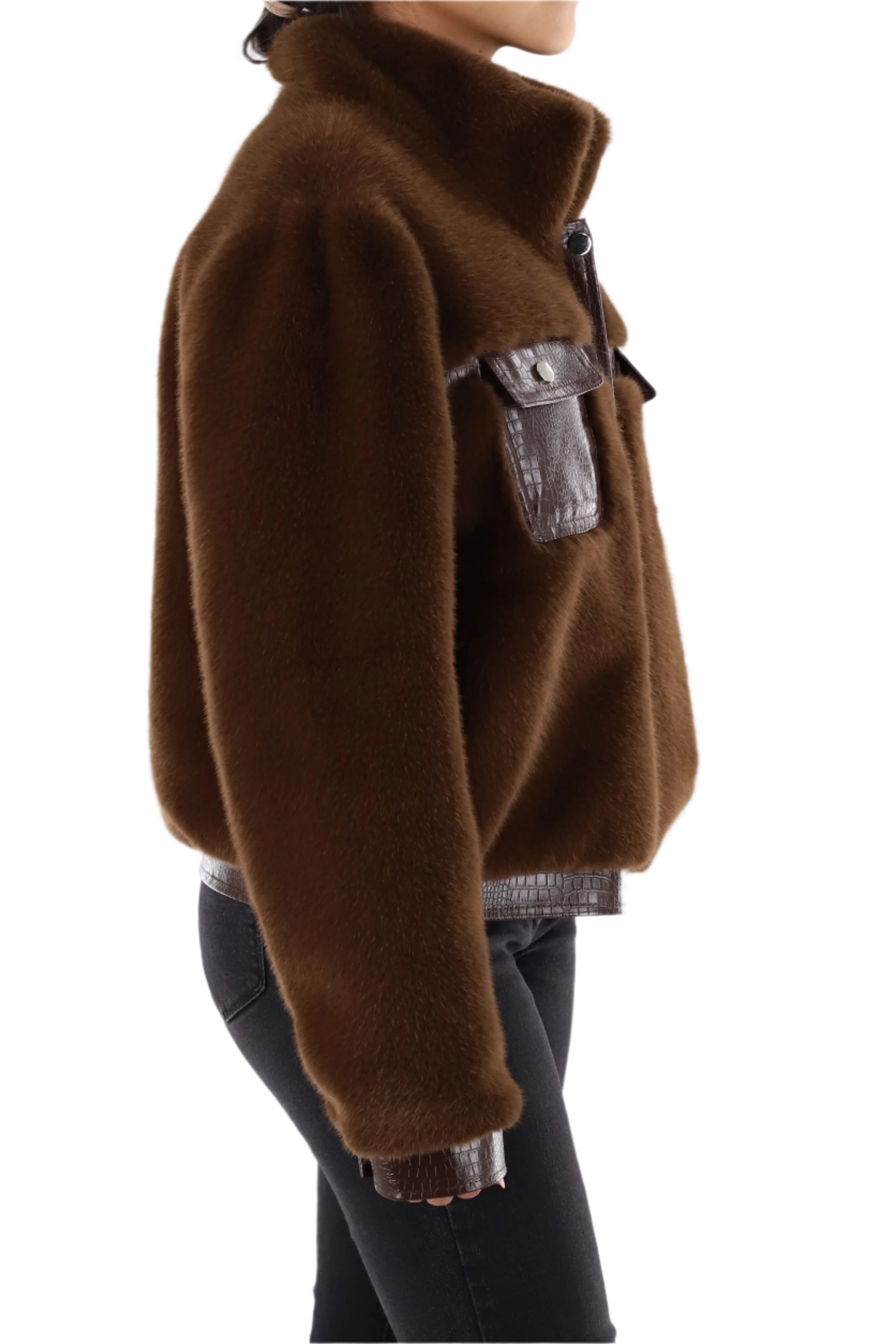 Faux fur jacket with PU leather detail