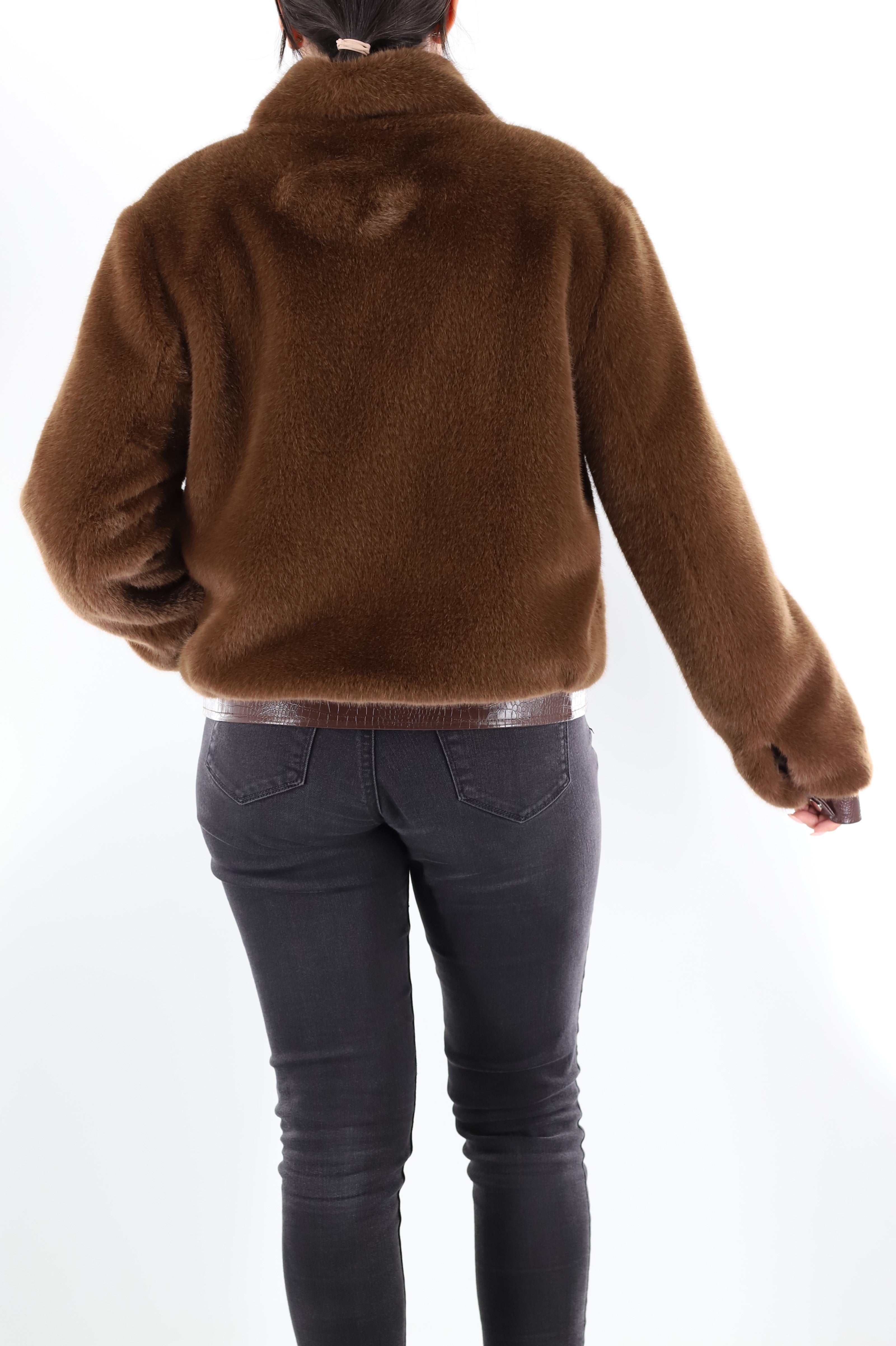 Faux fur jacket with PU leather detail