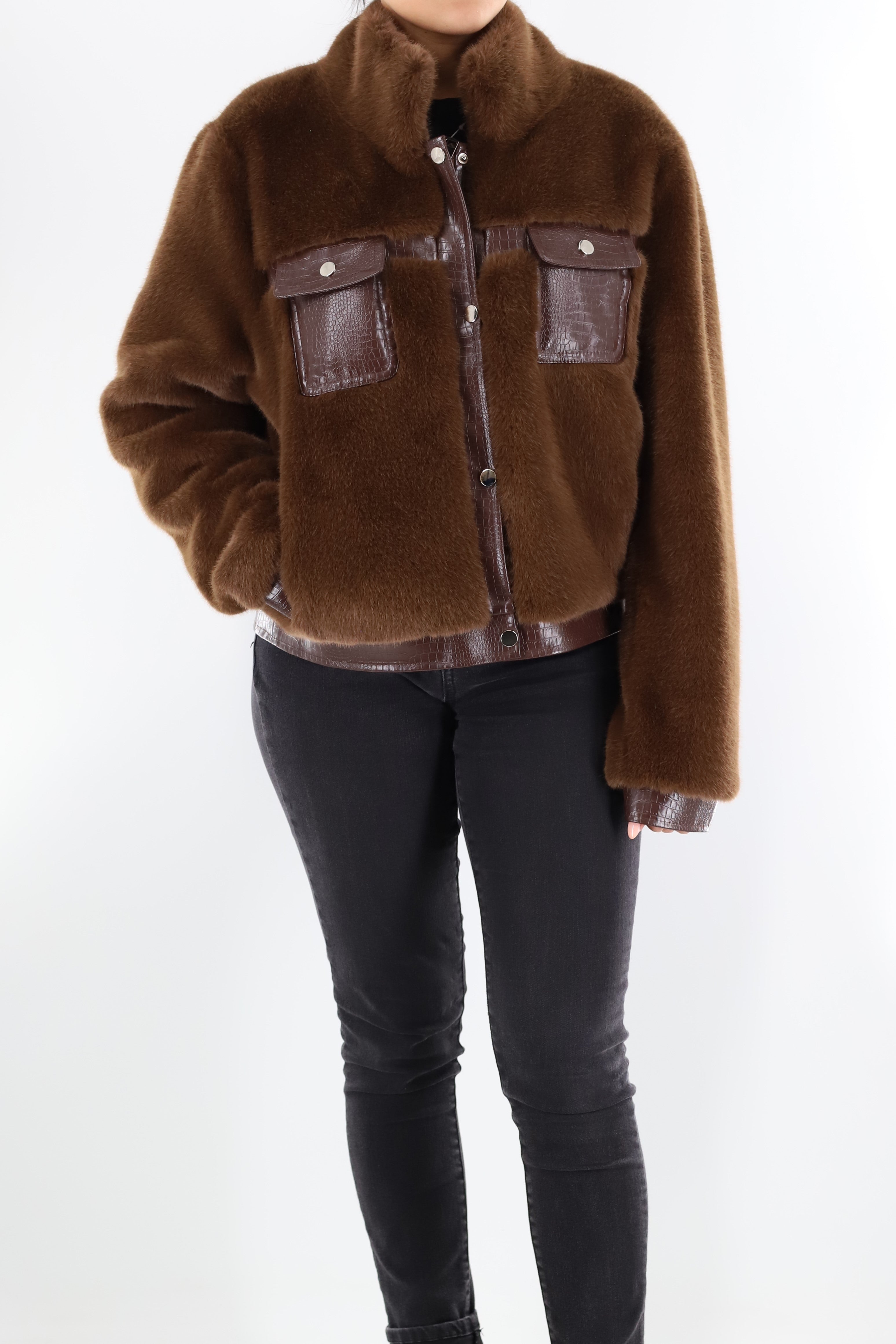 Faux fur jacket with PU leather detail
