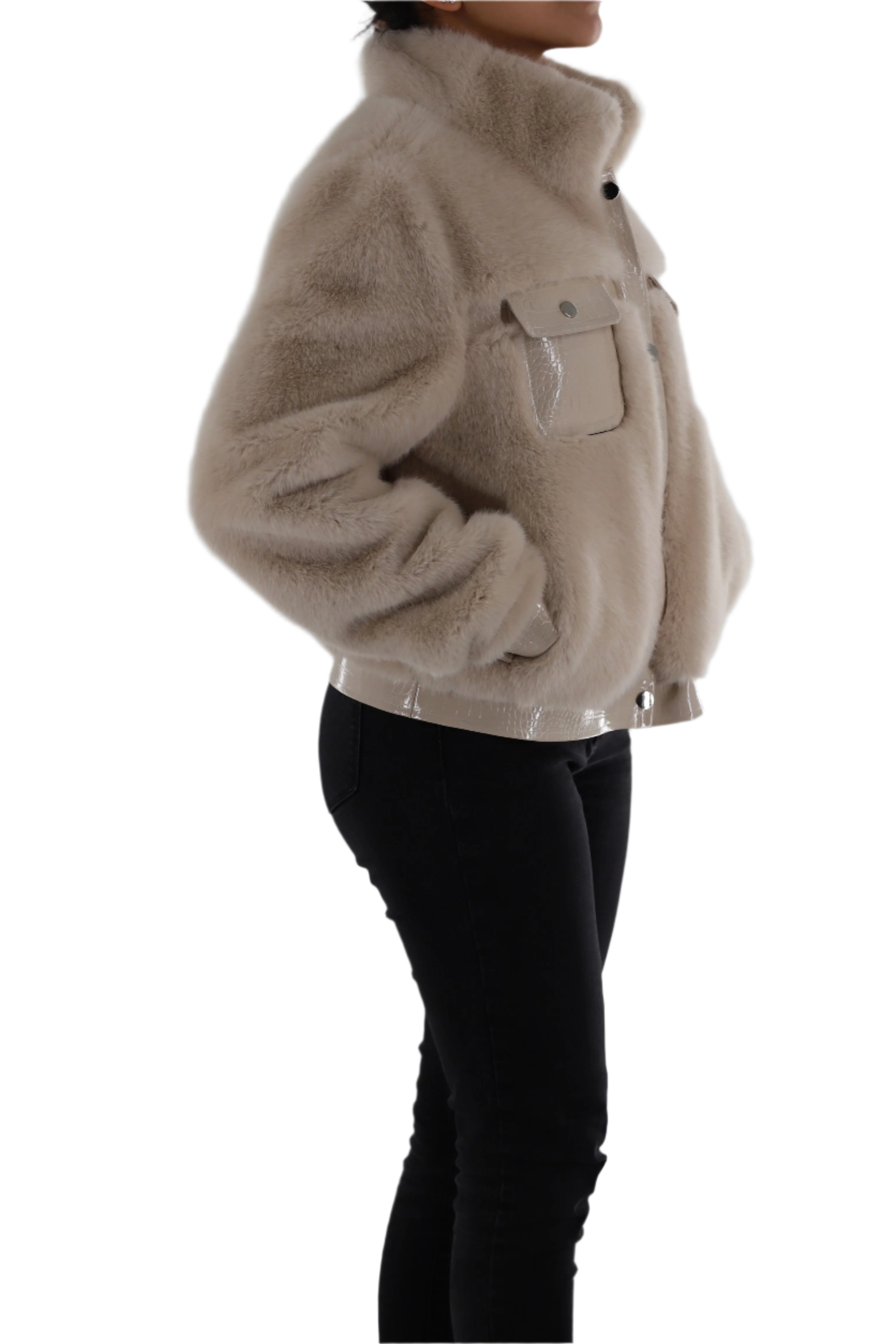 Faux fur jacket with PU leather detail