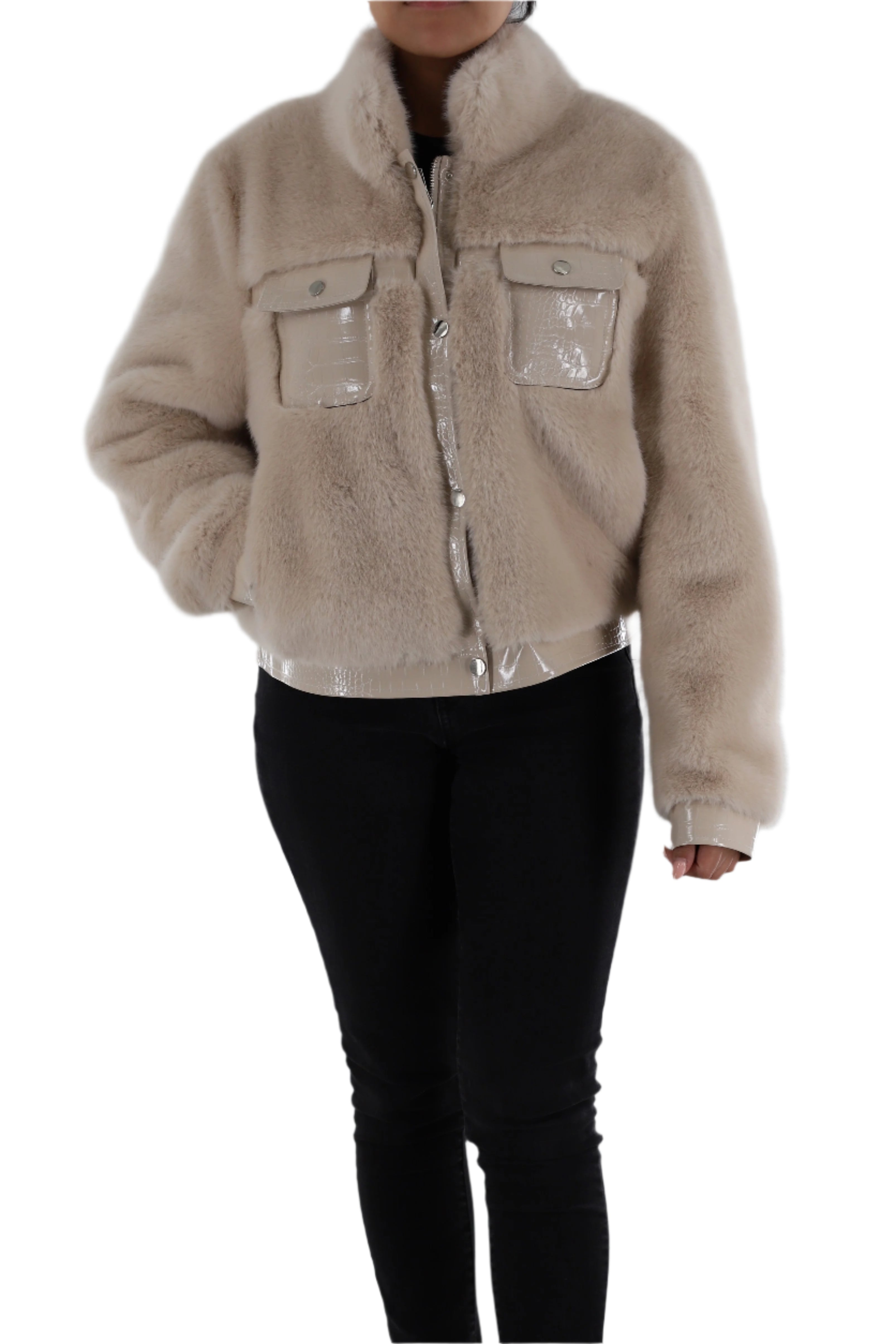 Faux fur jacket with PU leather detail