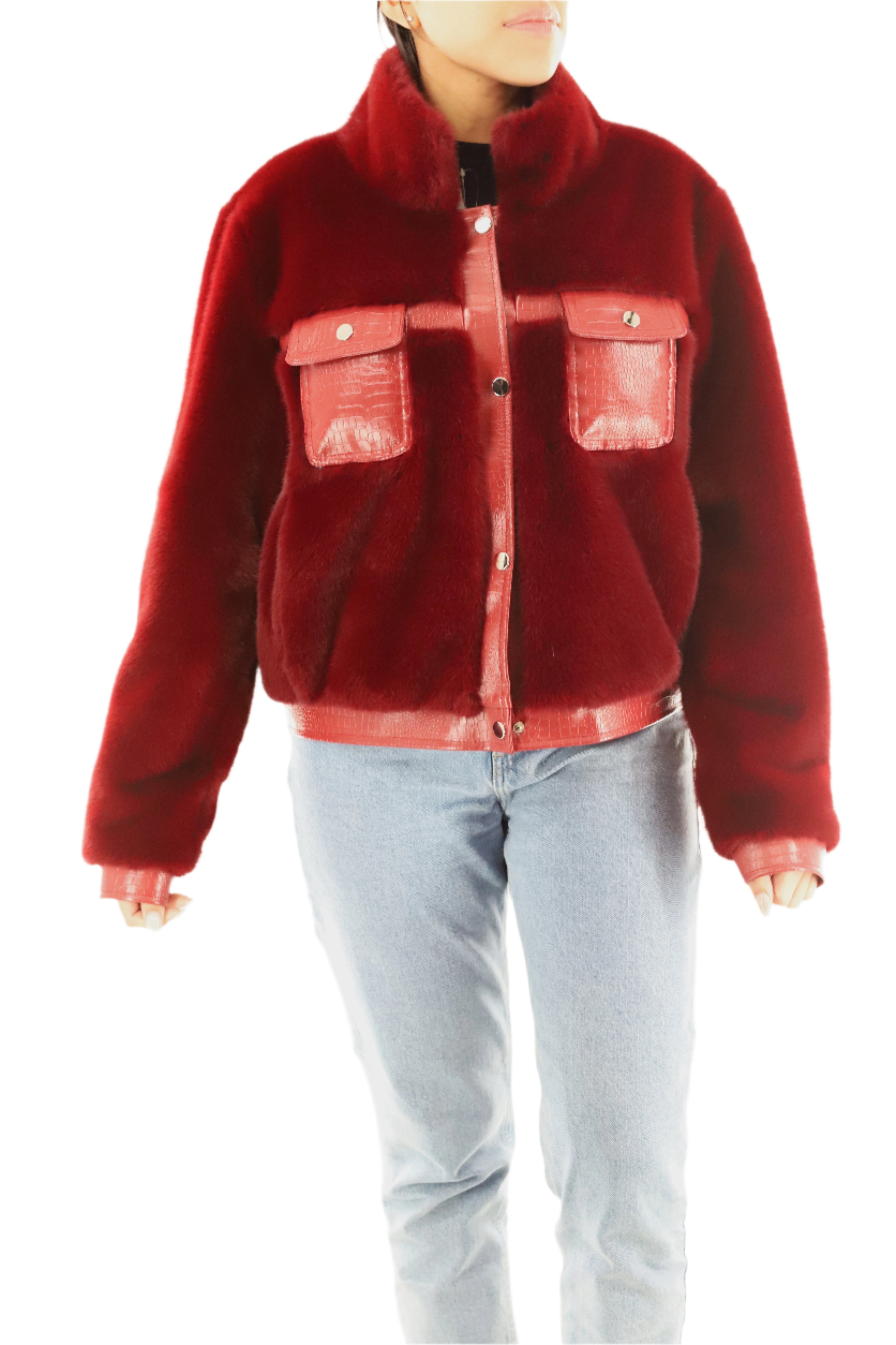 Faux fur jacket with PU leather detail