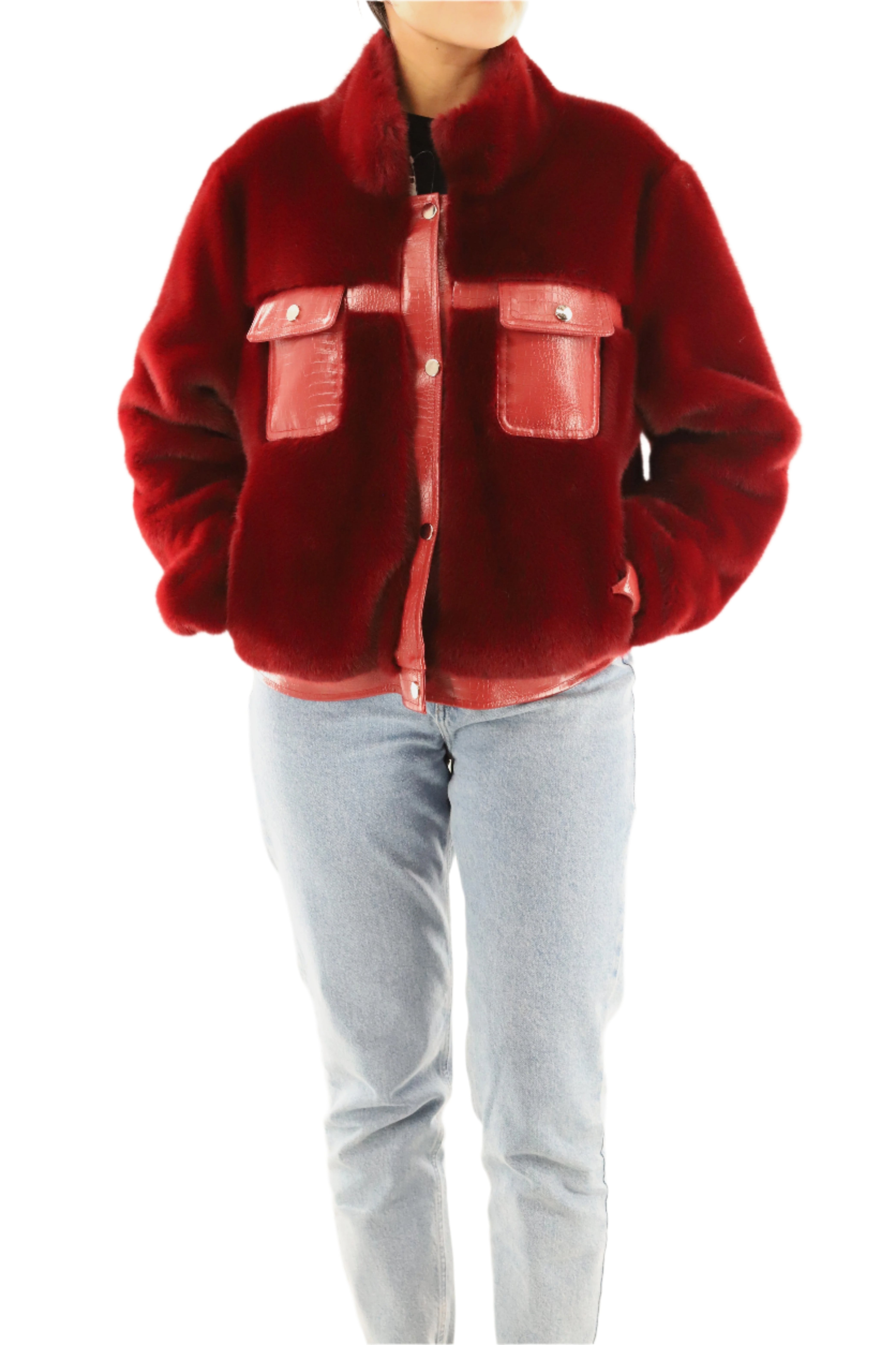 Faux fur jacket with PU leather detail