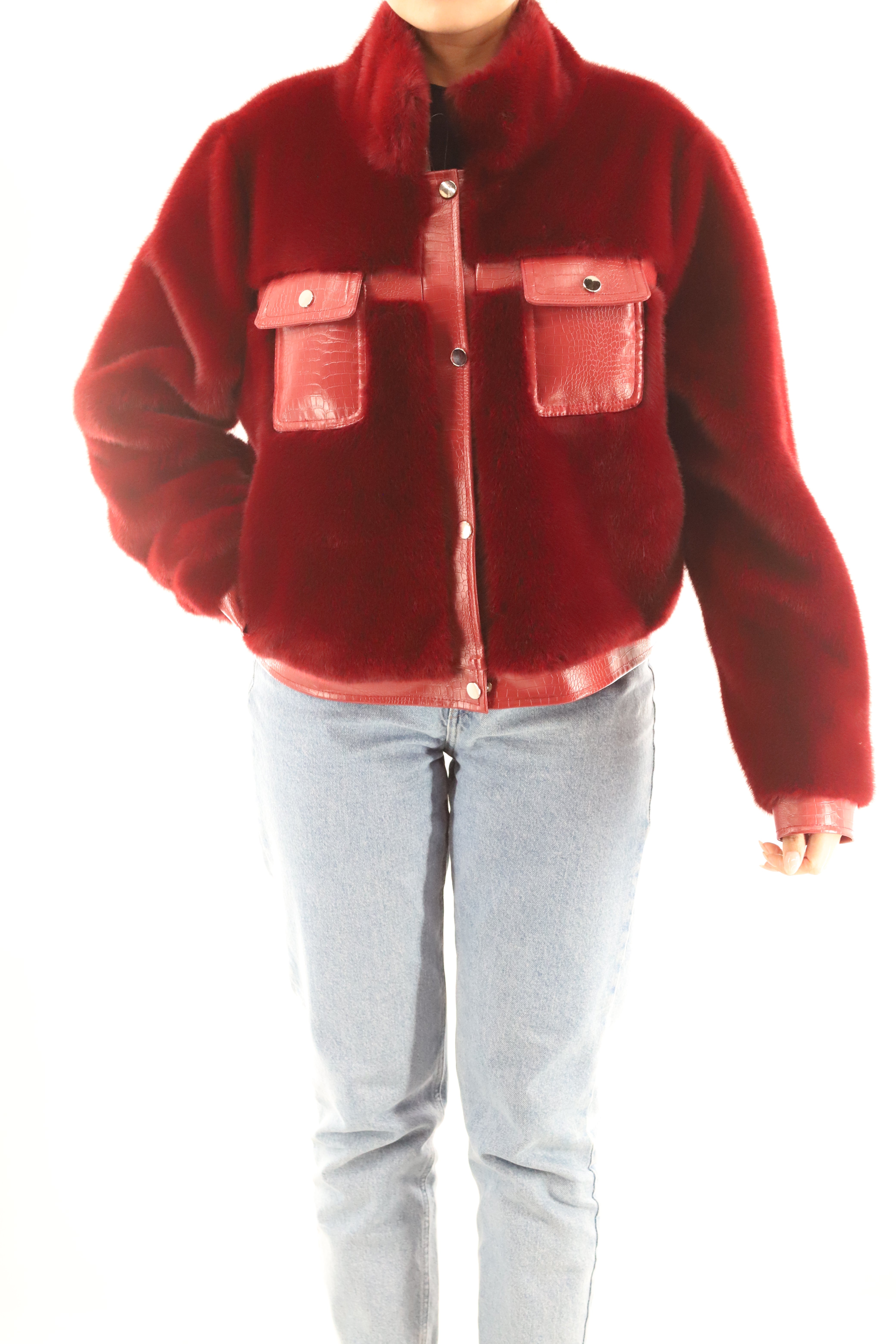 Faux fur jacket with PU leather detail