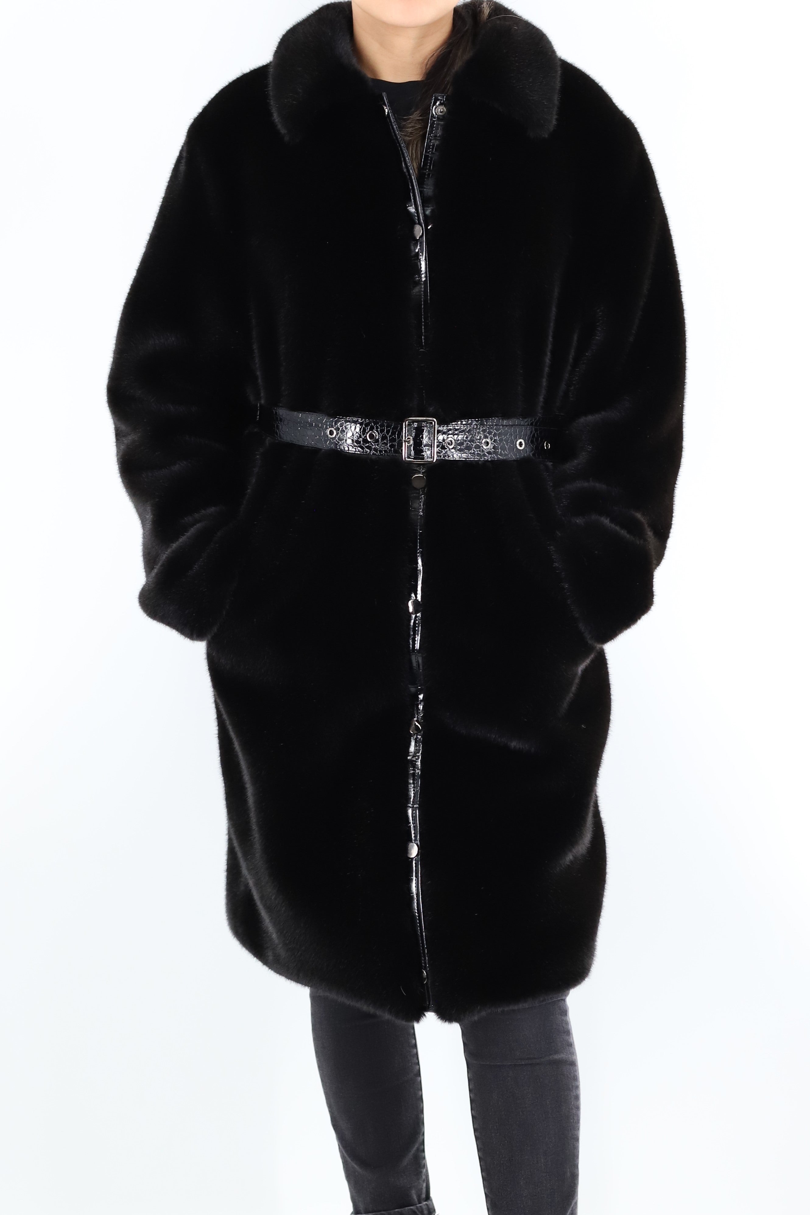 Faux fur coat with belt