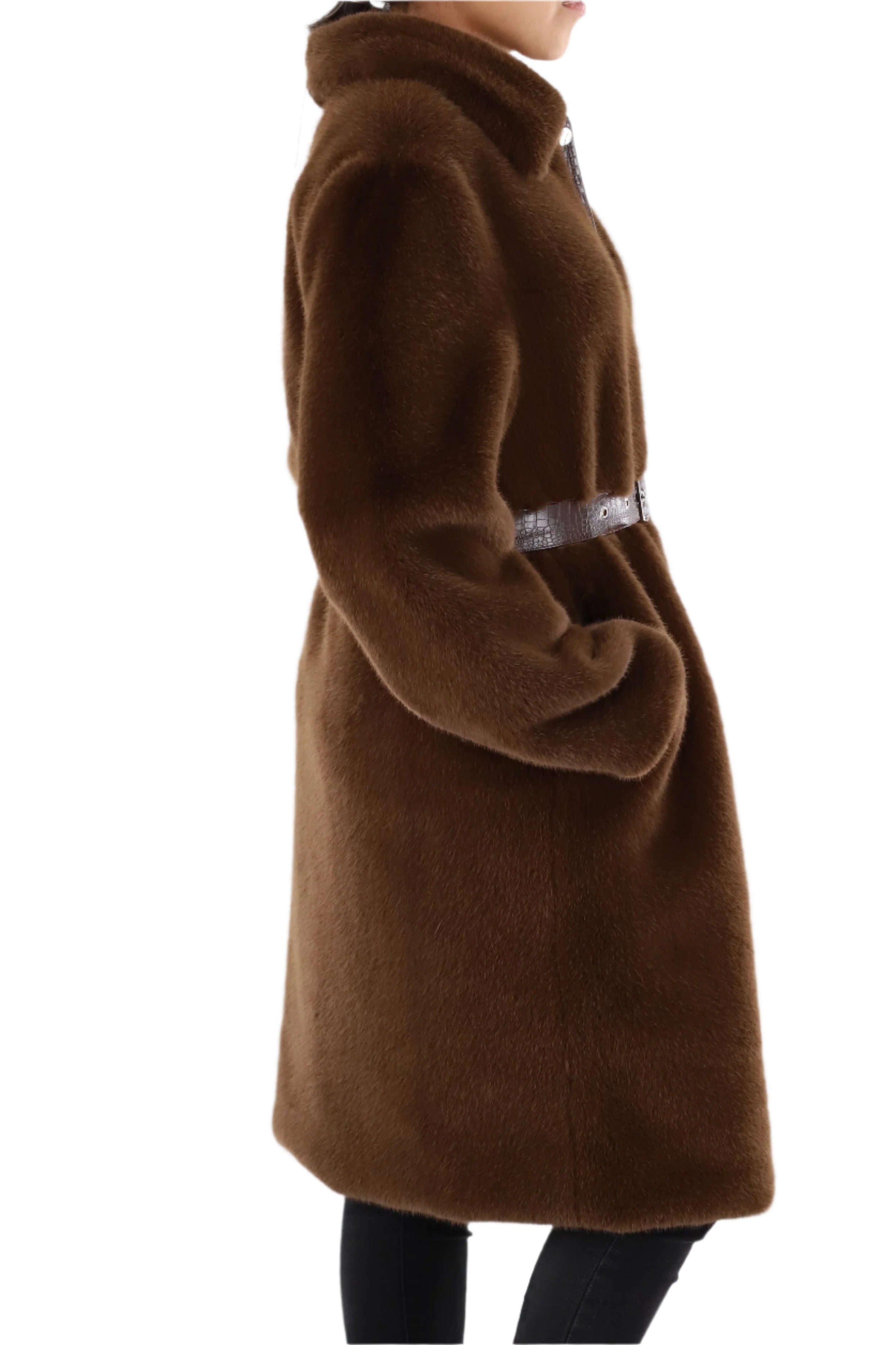 Faux fur coat with belt