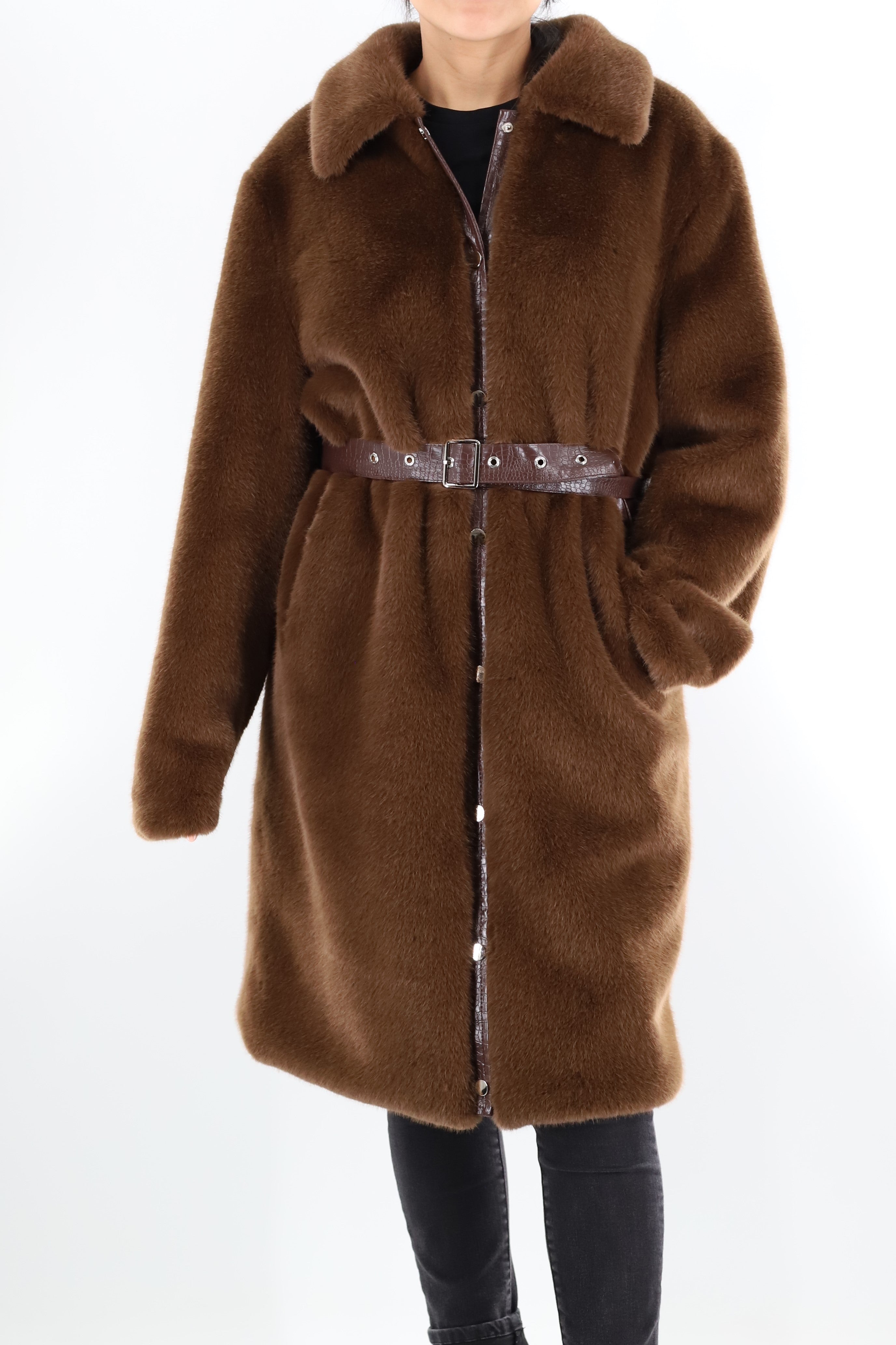 Faux fur coat with belt