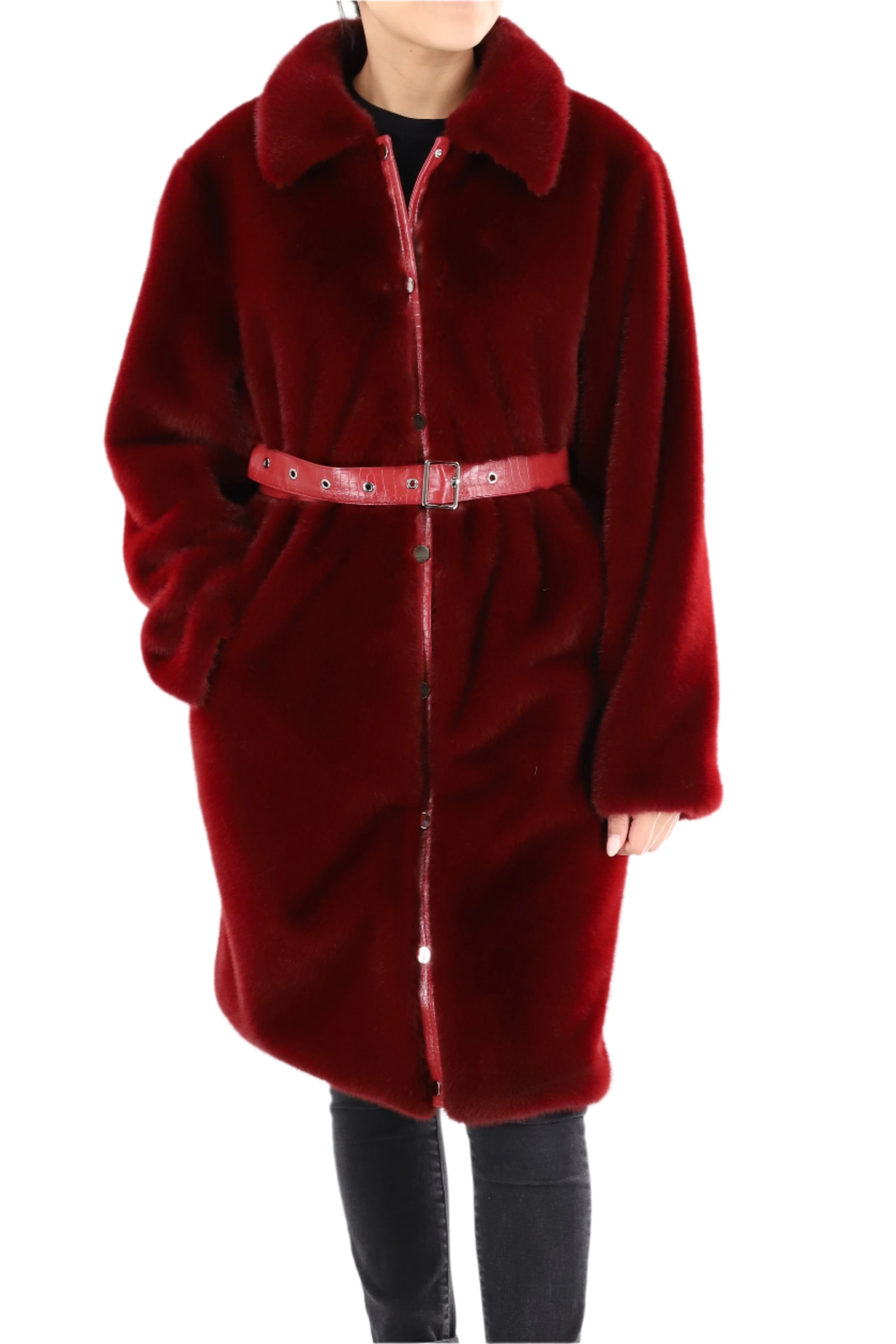 Faux fur coat with belt