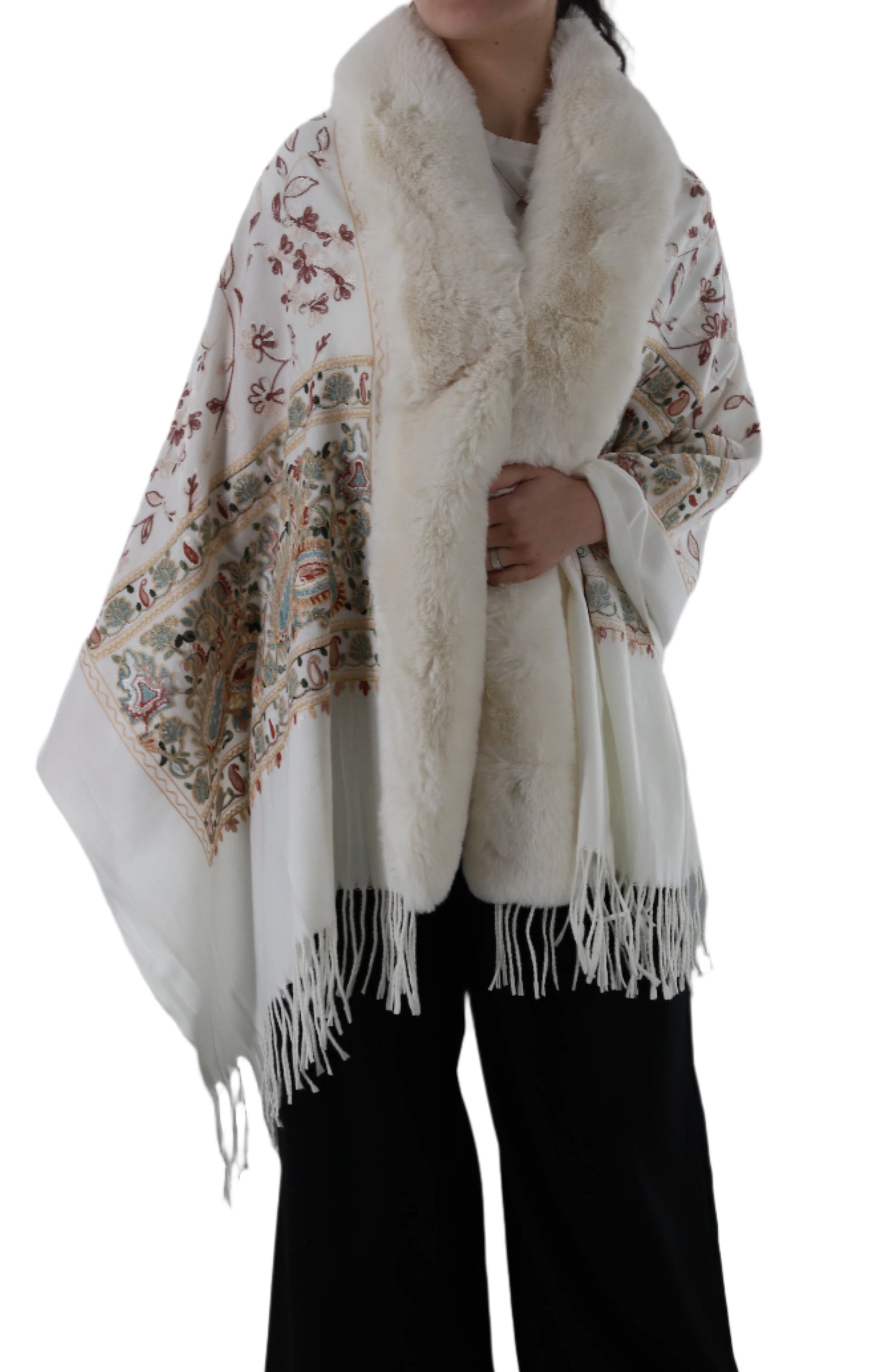 EMBROIDERED FLORAL WRAP WITH FAUX FUR