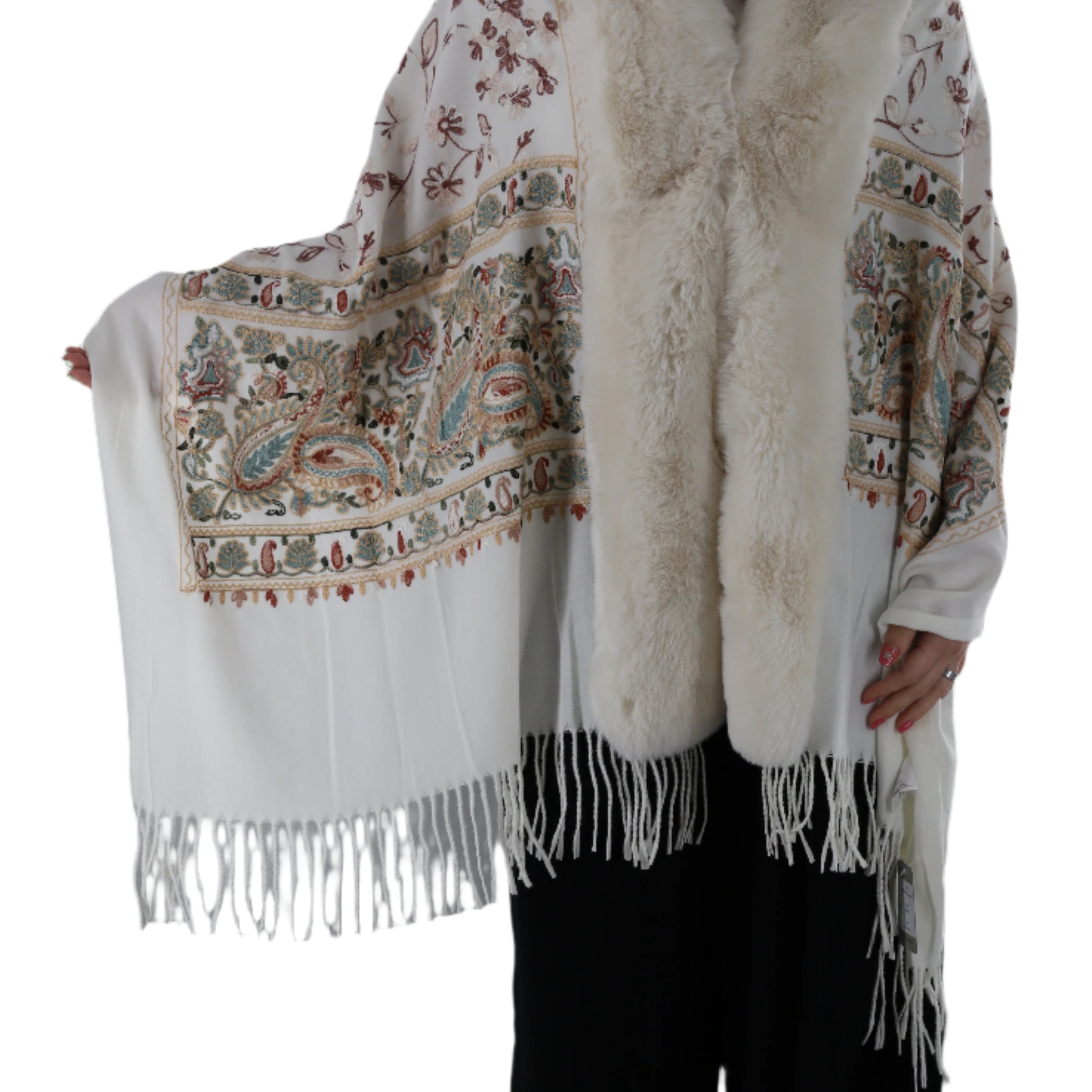 EMBROIDERED FLORAL WRAP WITH FAUX FUR TRIM - Wrap - La Fiorentina