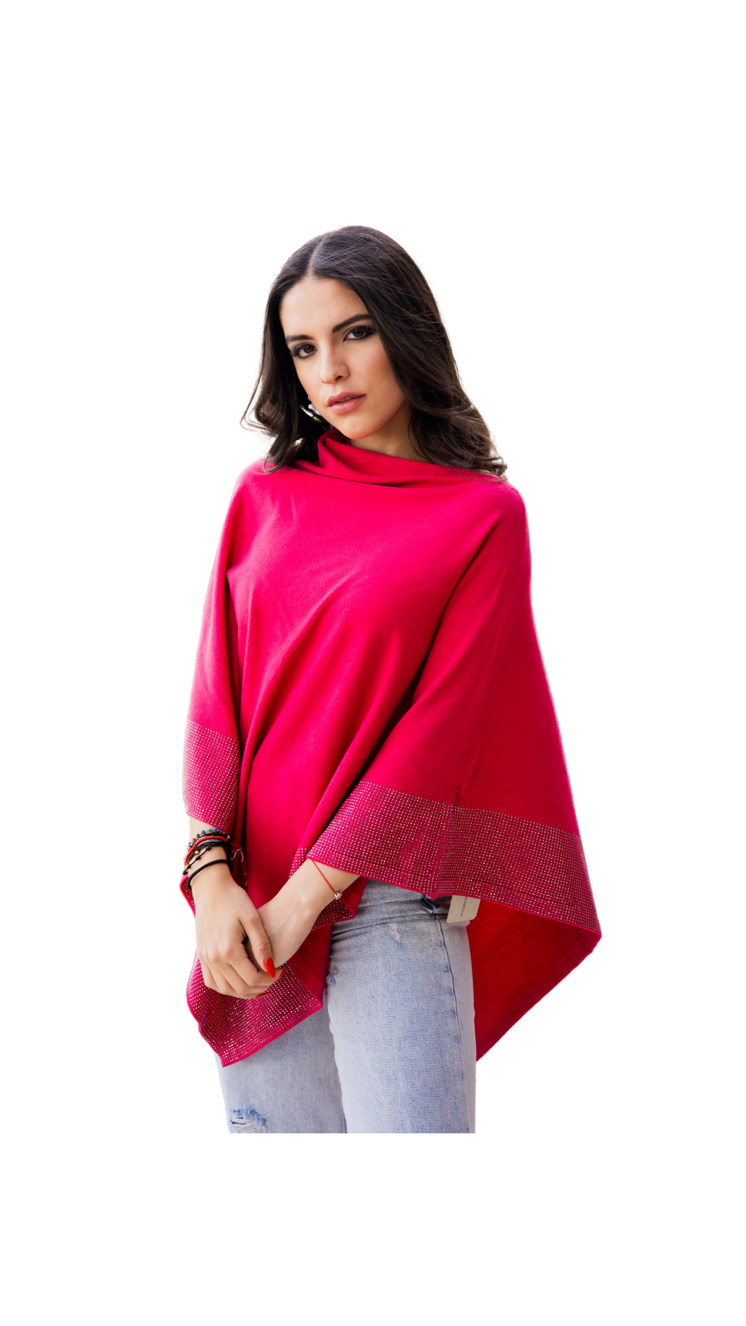Lightweight Knitted Poncho with Embellished Border - Multiple Colors