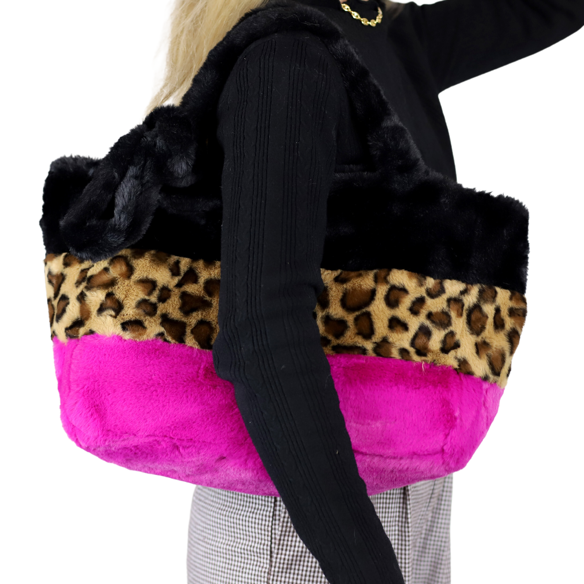 Three-Tone Faux Fur Tote - Exquisite Black, Vibrant Fuchsia, and Wild Leopard - Faux Fur Hand Bag - La Fiorentina