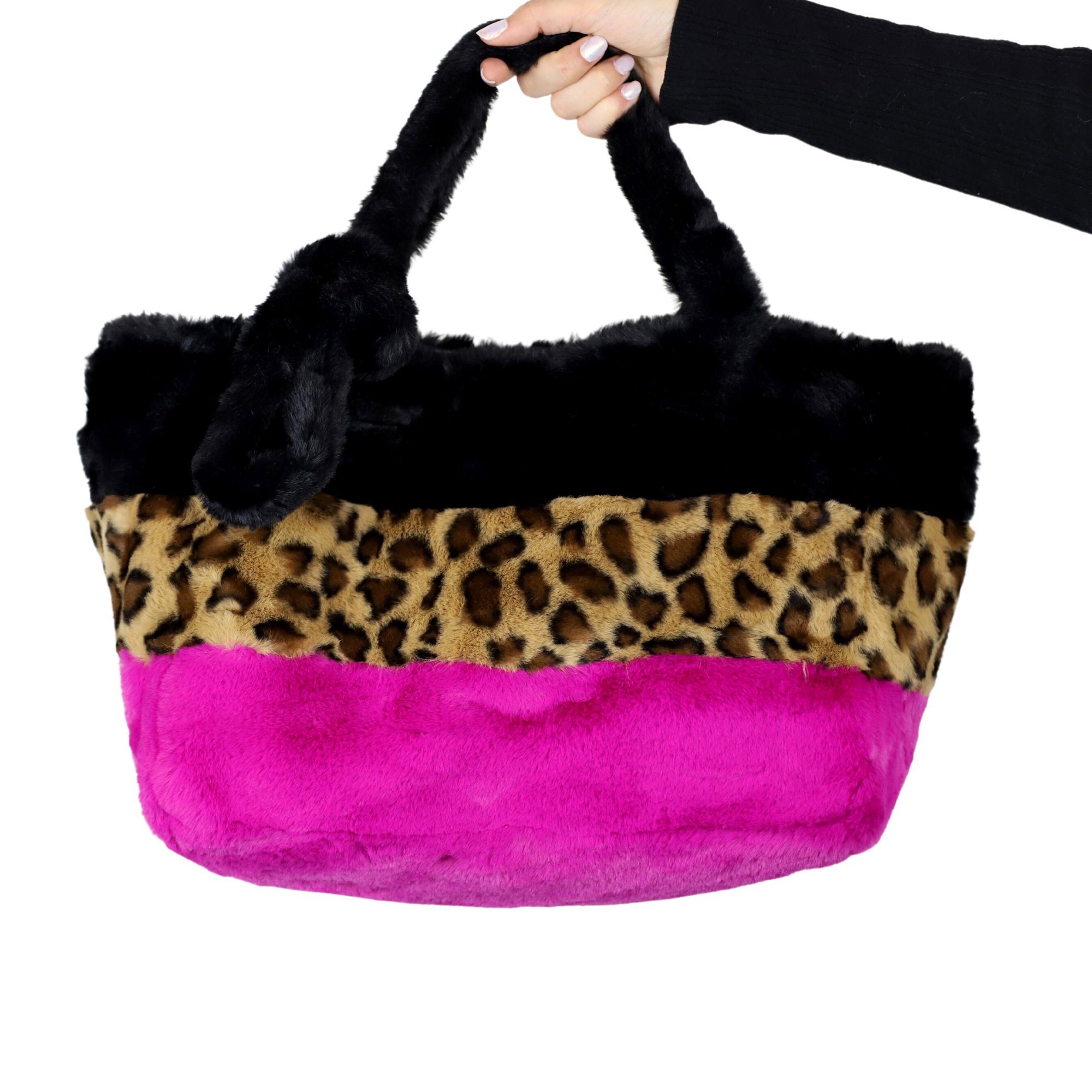 Three-Tone Faux Fur Tote - Exquisite Black, Vibrant Fuchsia, and Wild Leopard - Faux Fur Hand Bag - La Fiorentina 2507-tote
