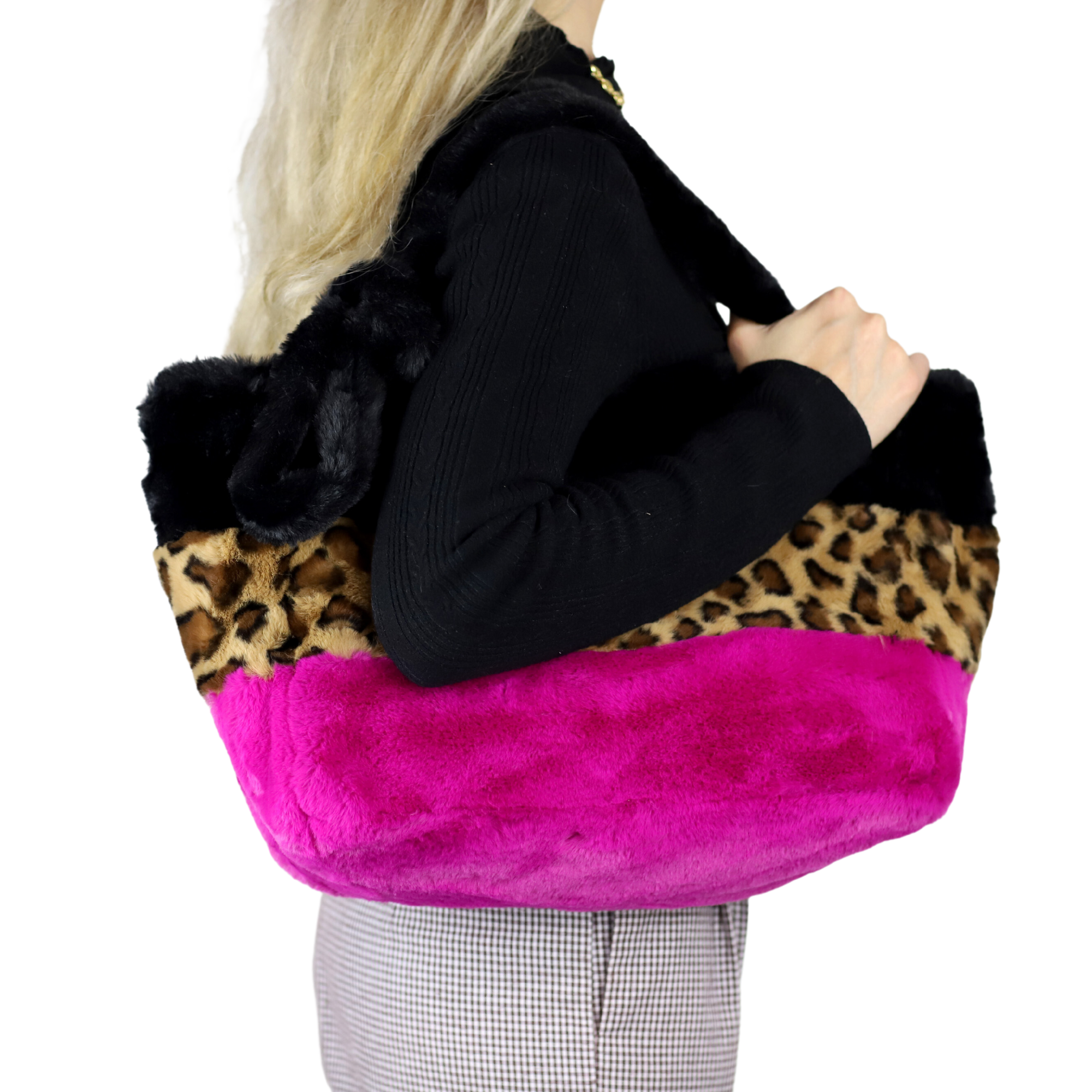 Three-Tone Faux Fur Tote - Exquisite Black, Vibrant Fuchsia, and Wild Leopard - Faux Fur Hand Bag - La Fiorentina