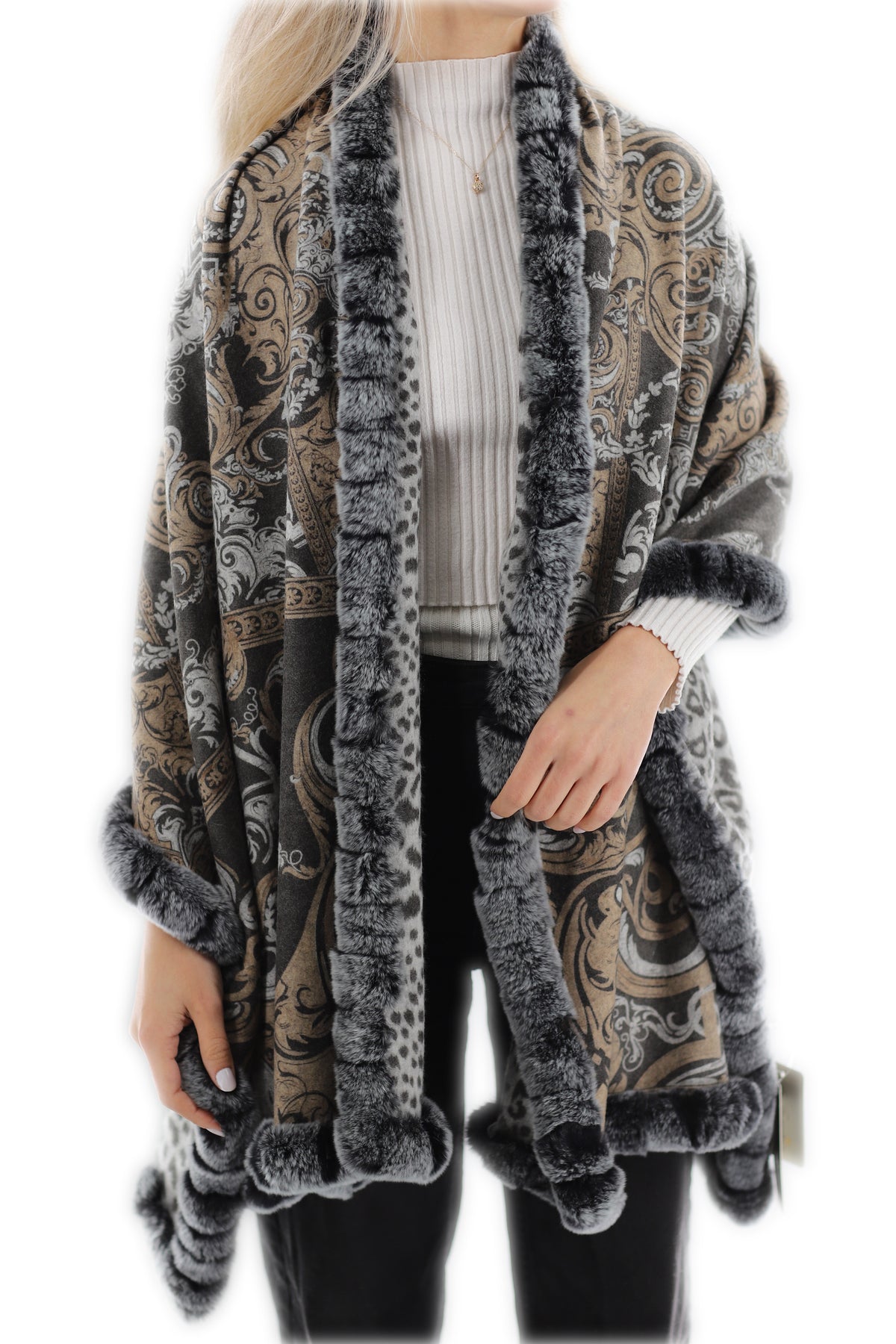 Reverisible Cashmere Wrap with Rex Rabbit Trim - Brown/Grey | La Fiorentina