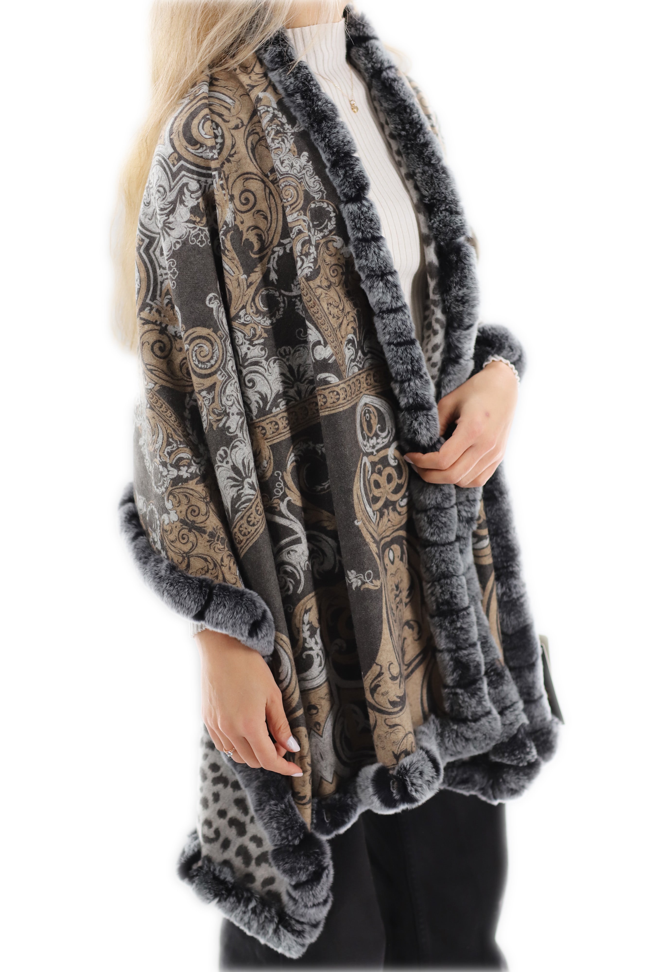 Reverisible Cashmere Wrap with Rex Rabbit Trim - Brown/Grey – La