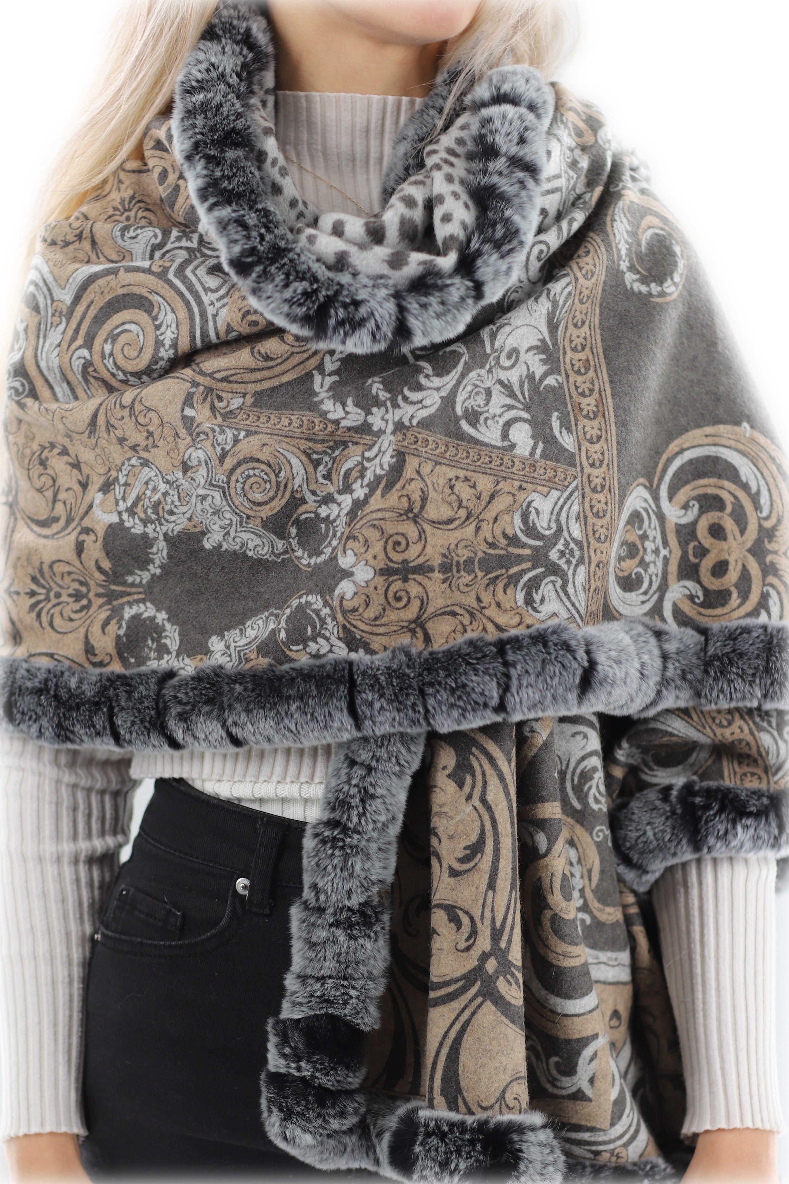 Reverisible Cashmere Wrap with Rex Rabbit Trim - Brown/Grey – La