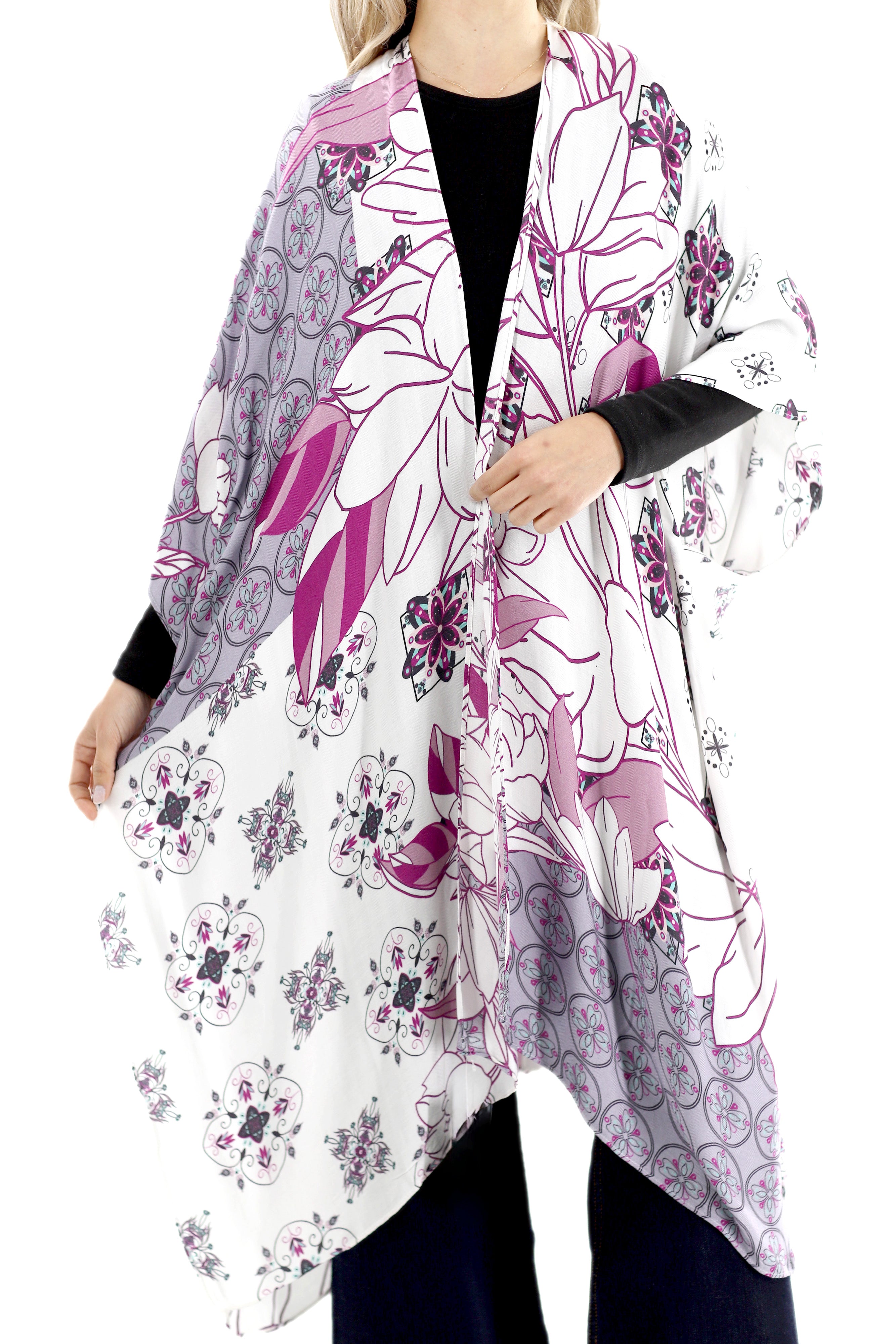 Classic Spring Kimono - Purple Romanic Floral Design - One Size (40x75in)