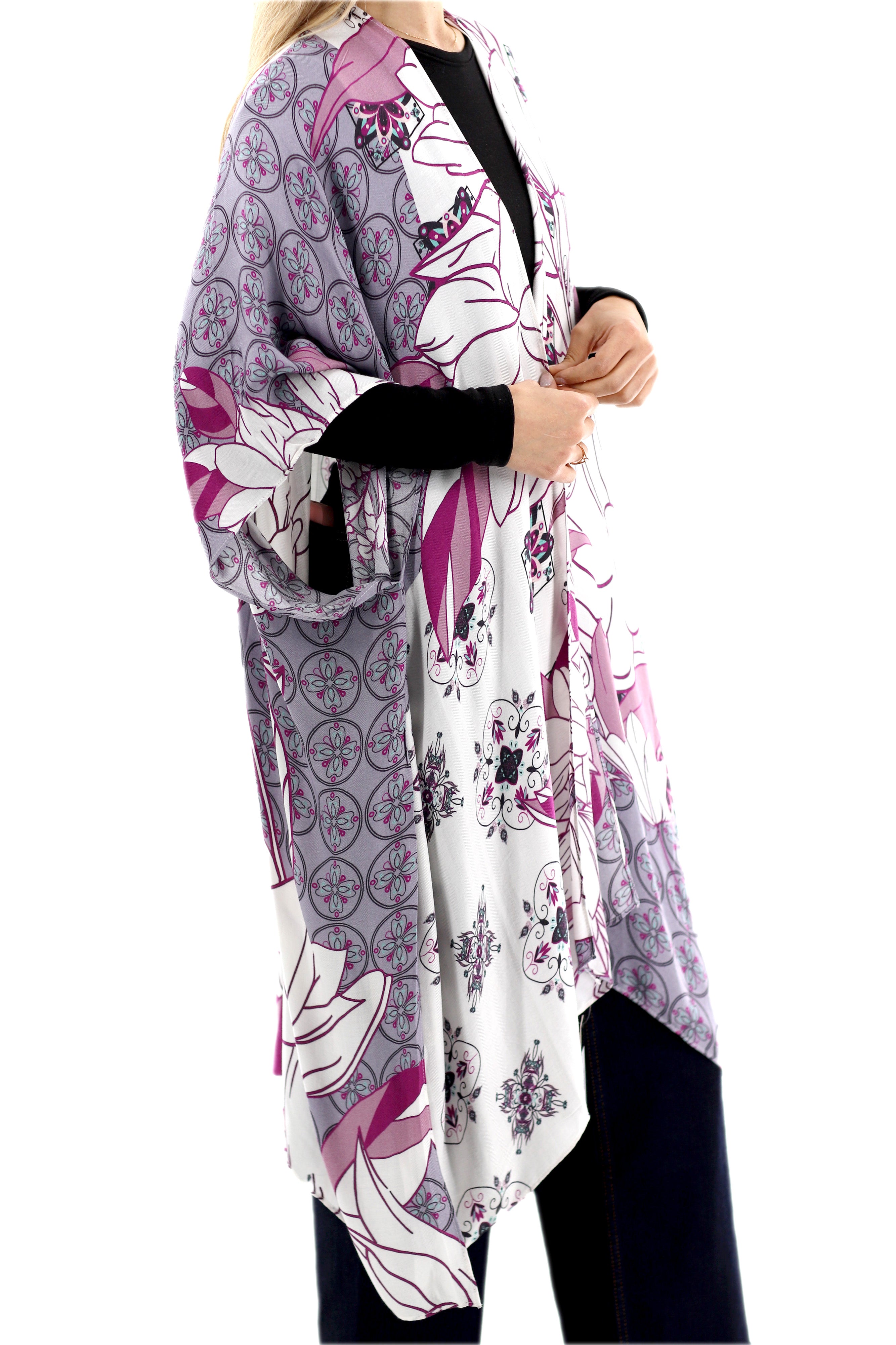 Classic Spring Kimono - Purple Romanic Floral Design - One Size (40x75in)