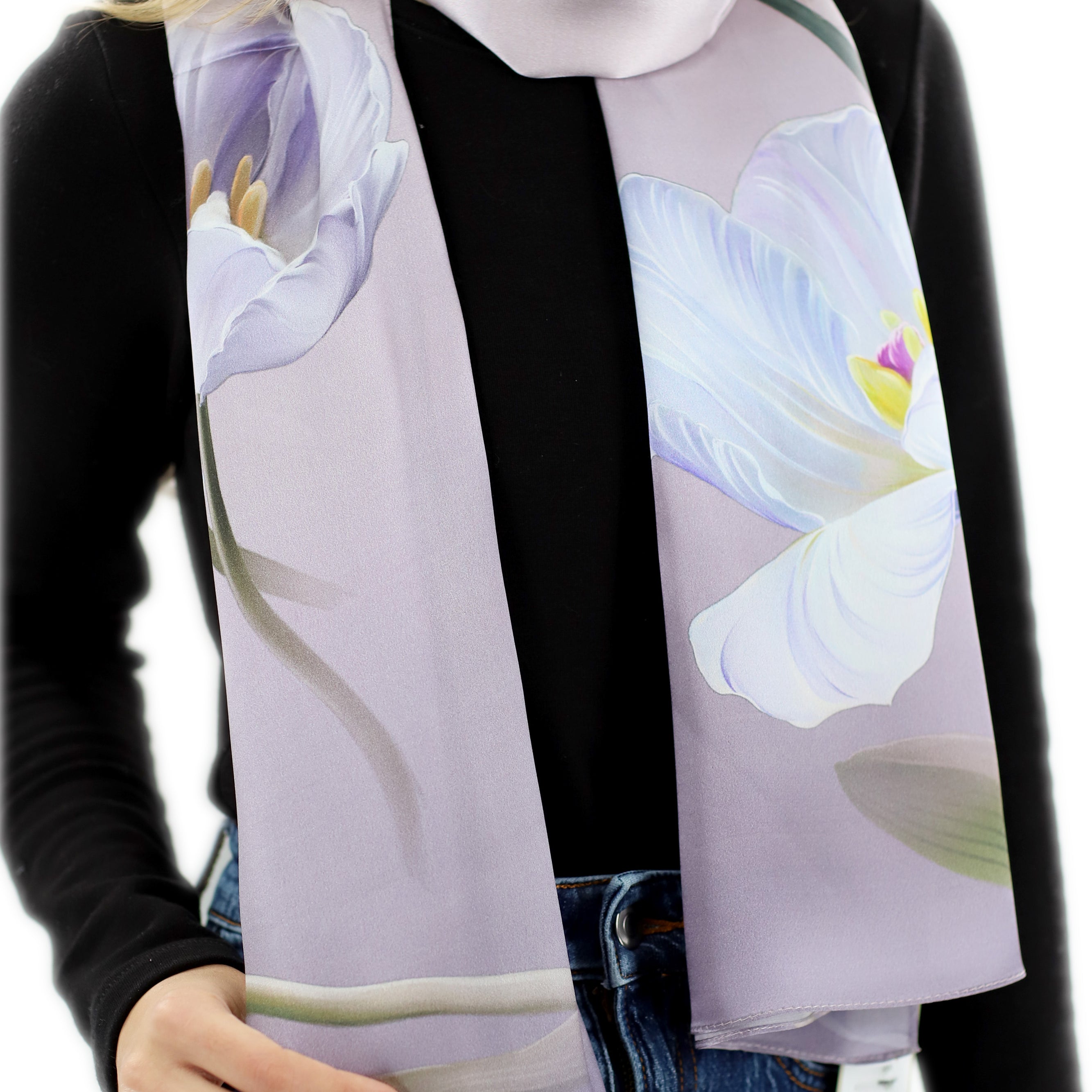 100% Silk Floral Print Scarf - Purple - (One Size 68x21.2in)