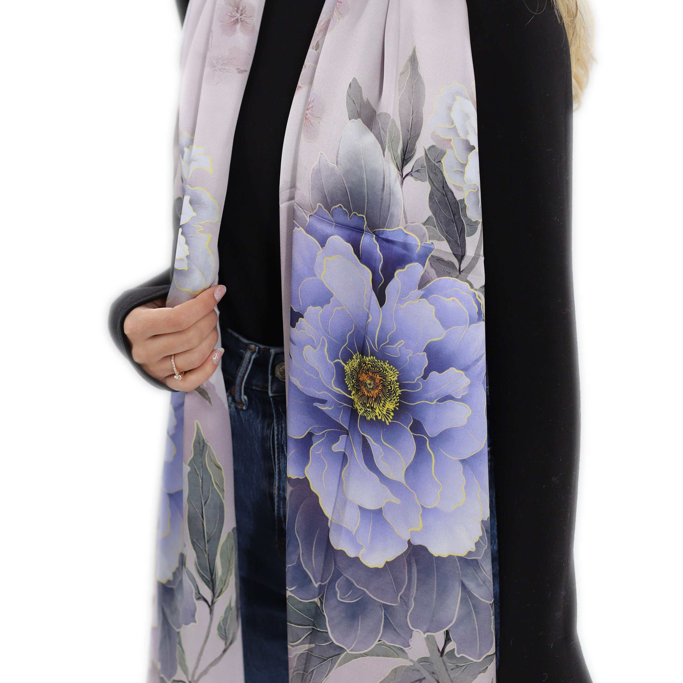 100% Silk Floral Print Scarf - Purple - (One Size 68x21.2in)