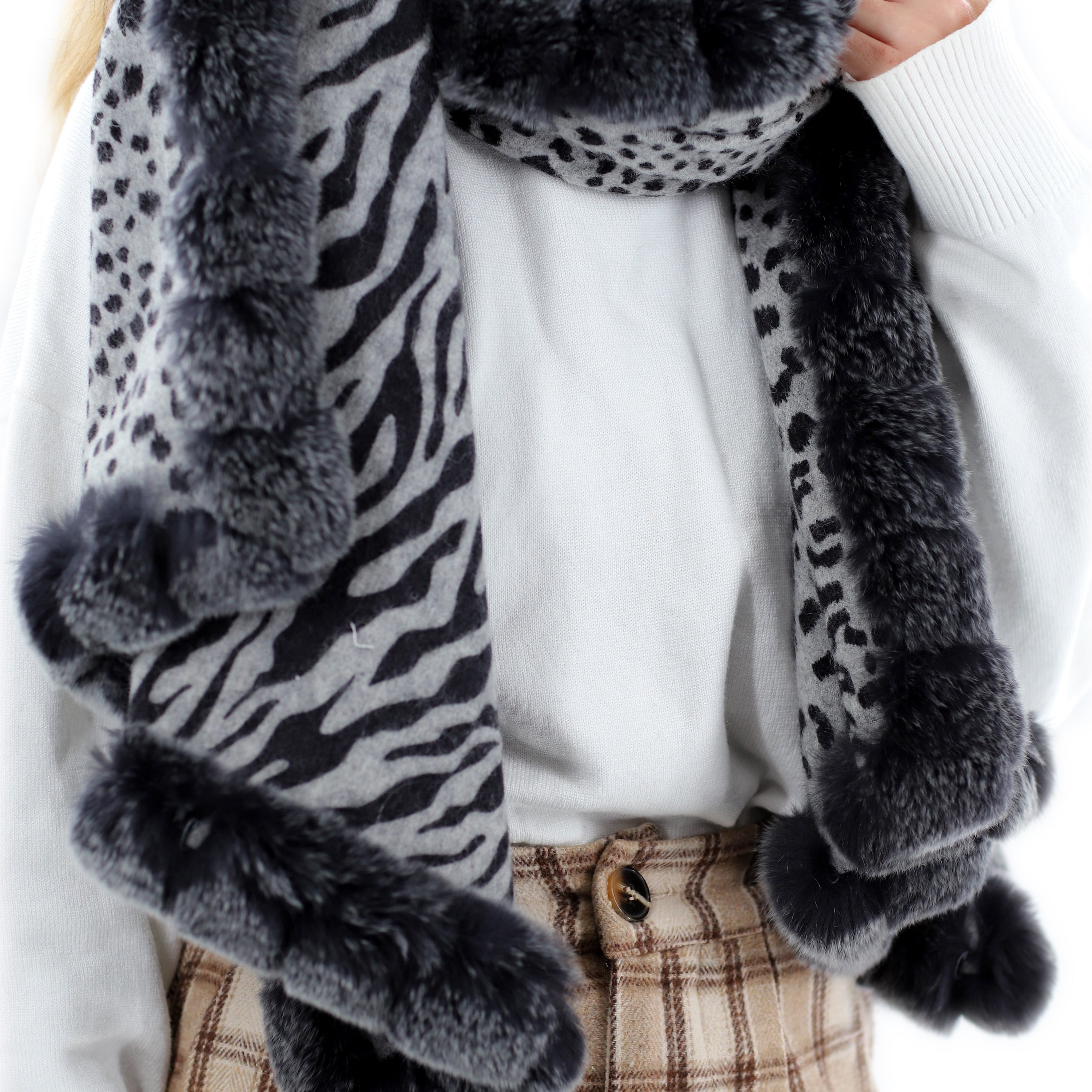 Reversible Grey Leopard Print Wrap with Genuine Rex Rabbit Fur Trim - Grey Leopard