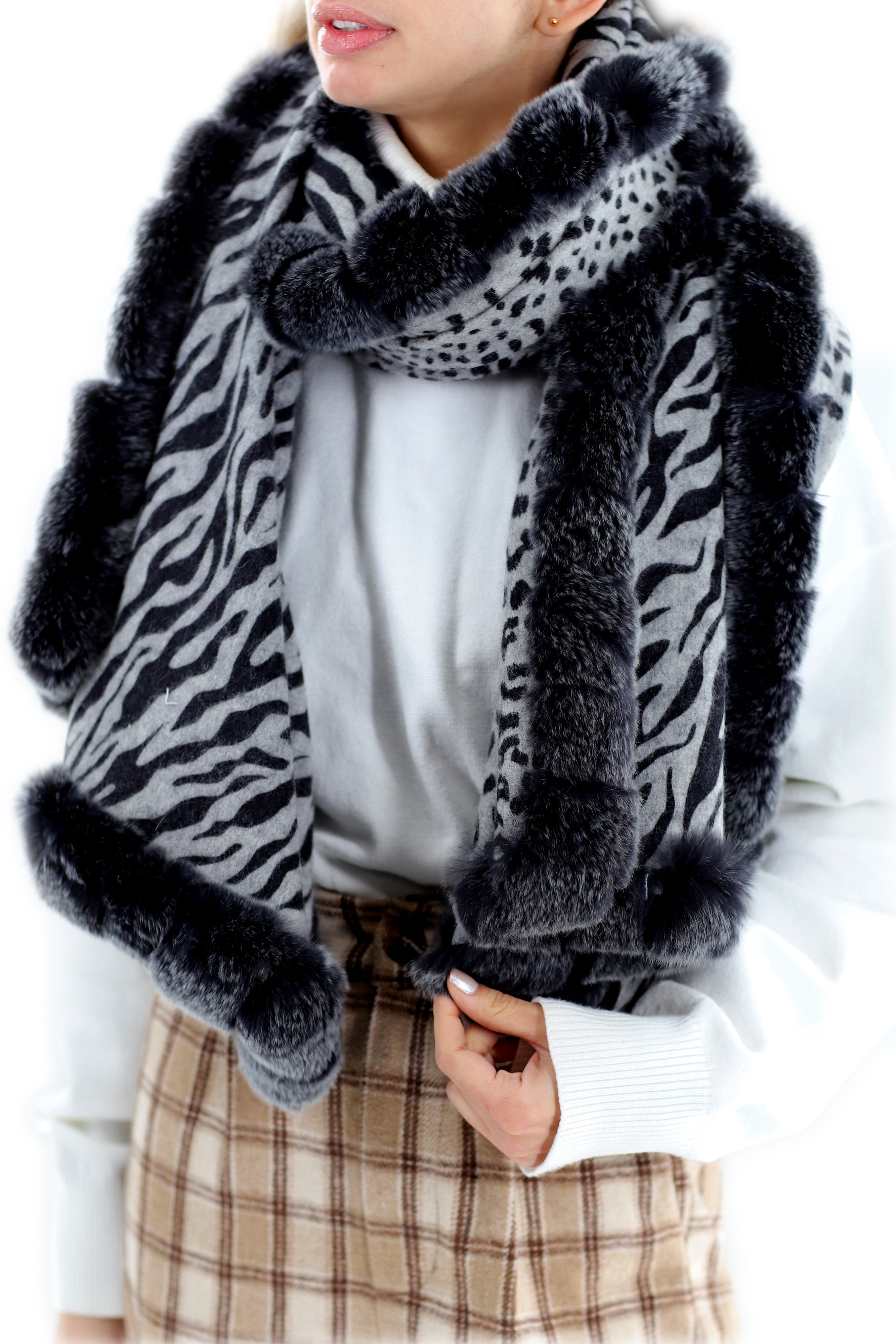 Reversible Grey Leopard Print Wrap with Genuine Rex Rabbit Fur