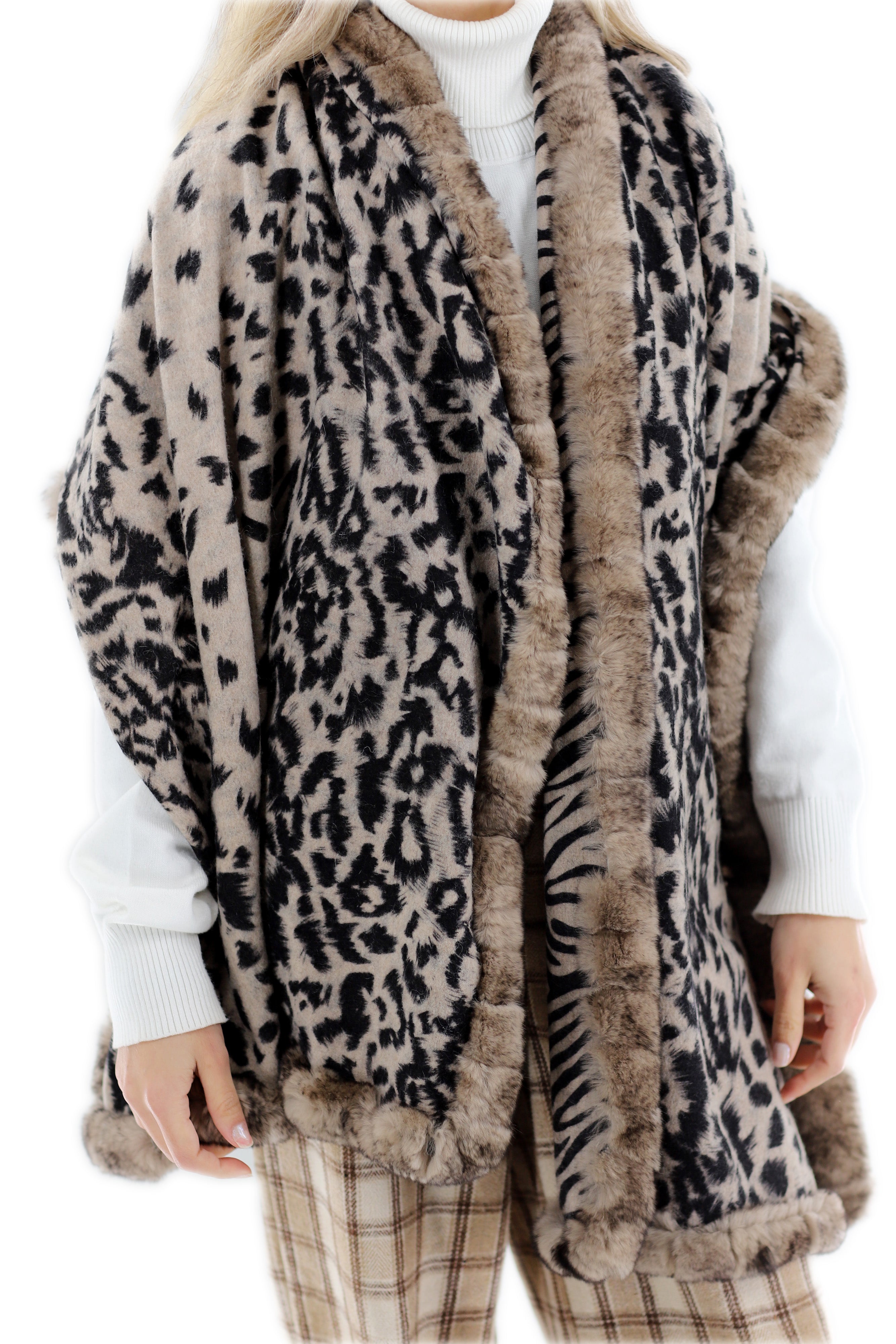 Reversible Animal Print Wrap with Genuine Rex Rabbit Fur Trim