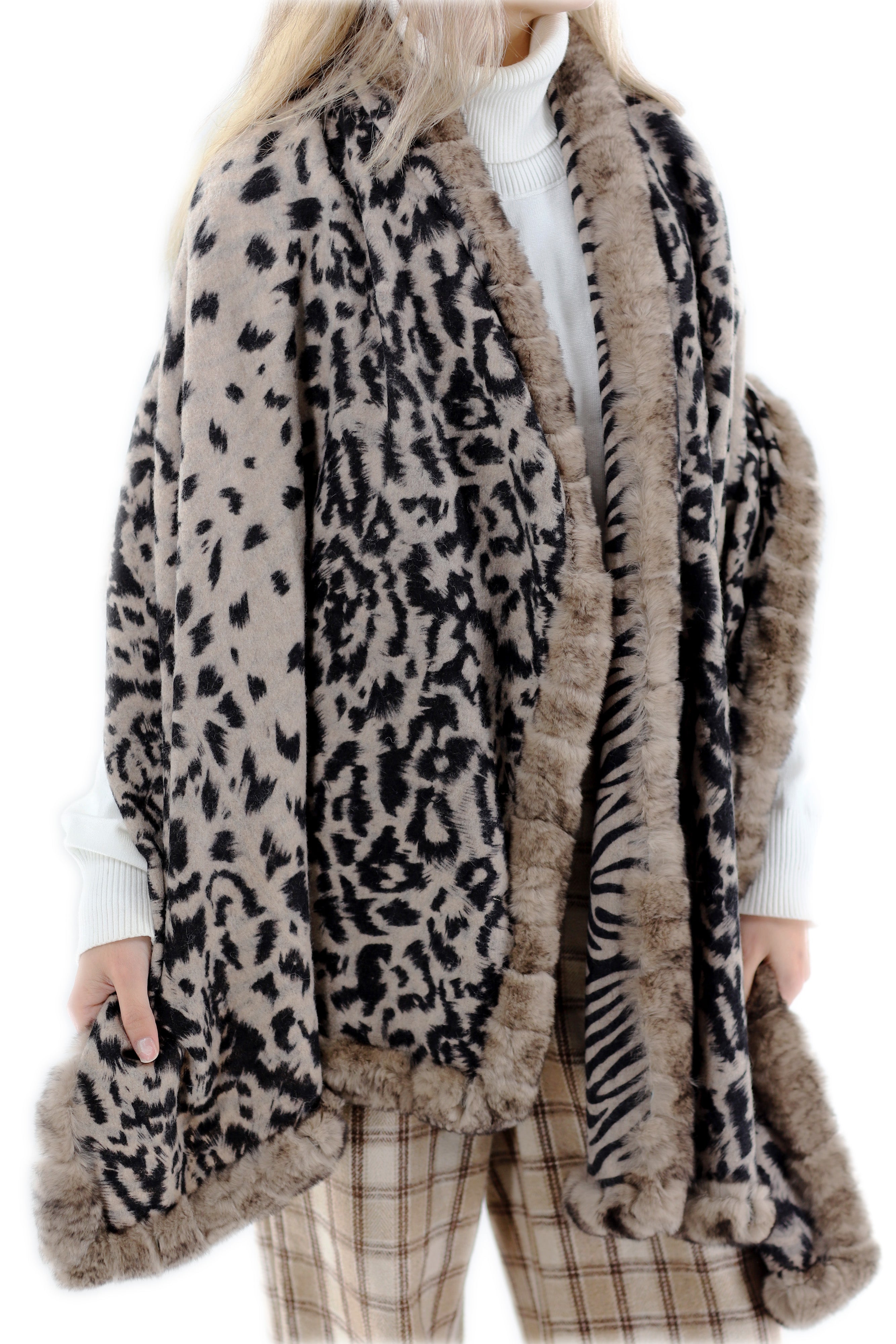 Reversible Animal Print Wrap with Genuine Rex Rabbit Fur Trim - 100% Wool - Black
