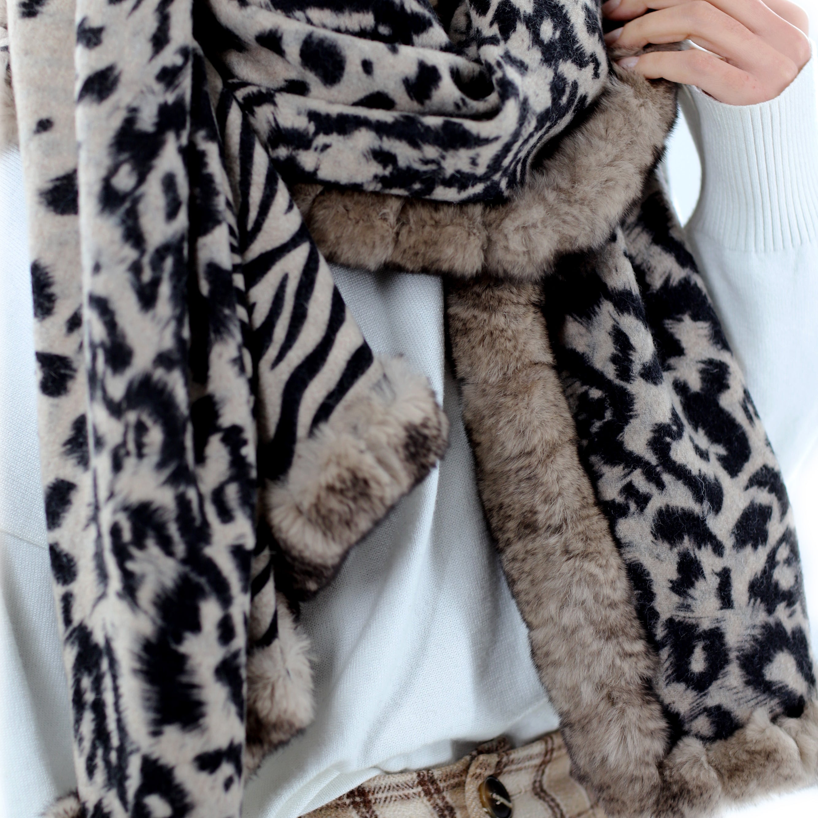 Reversible Animal Print Wrap with Genuine Rex Rabbit Fur Trim - 100% Wool - Black