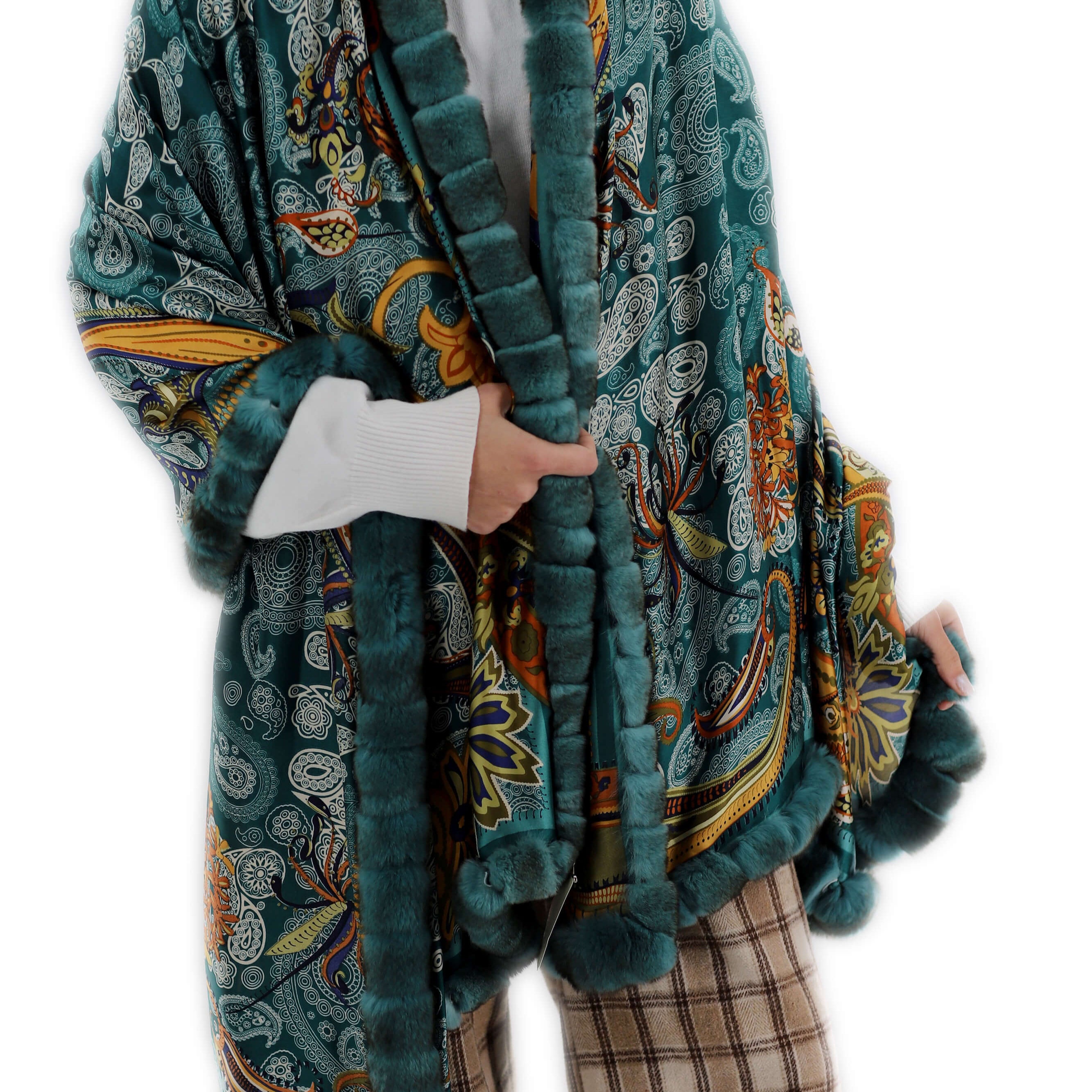 Oversized Paisley Print Wrap with Rex Rabbit Fur Trim - Green