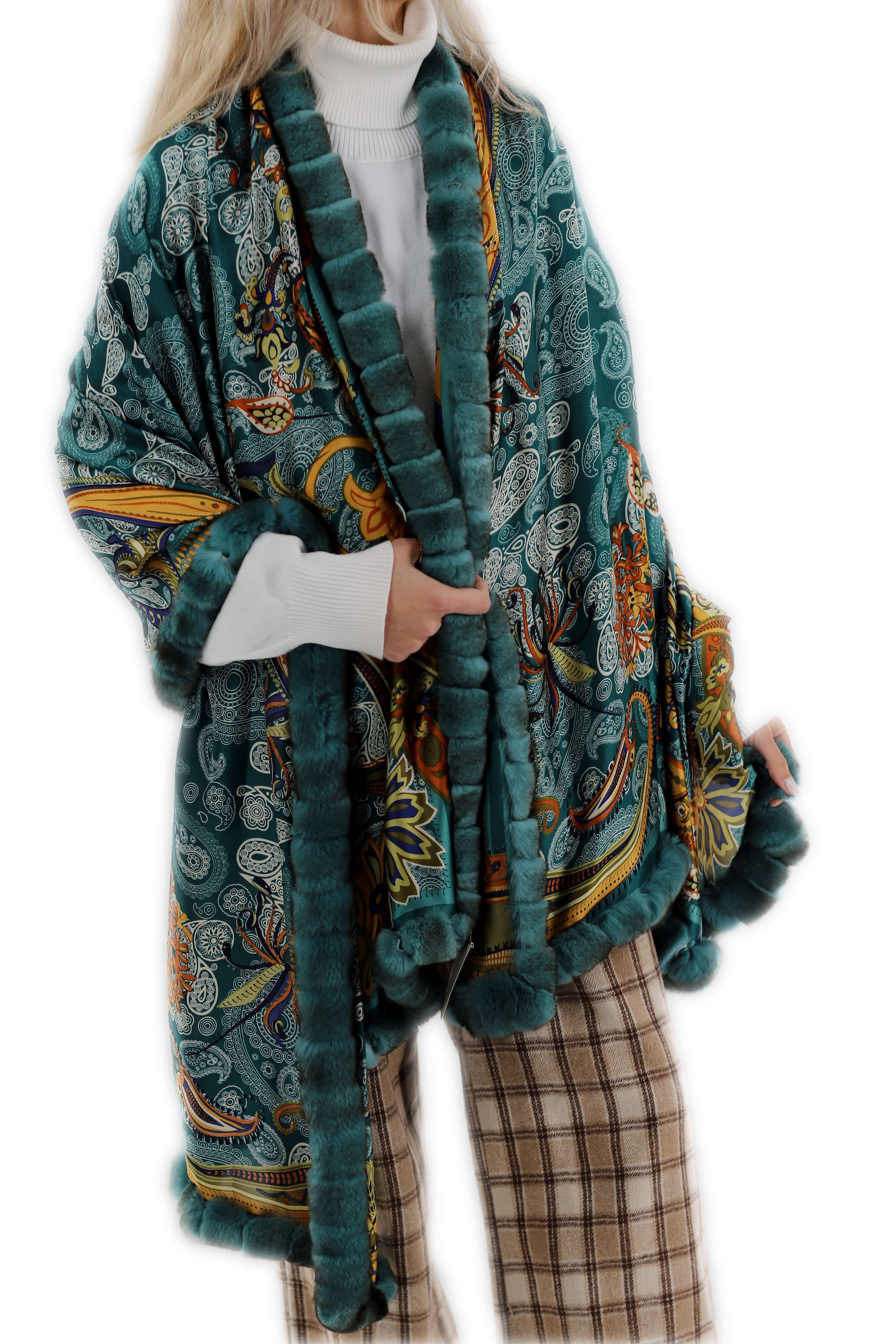 Oversized Paisley Print Wrap with Rex Rabbit Fur Trim - Green