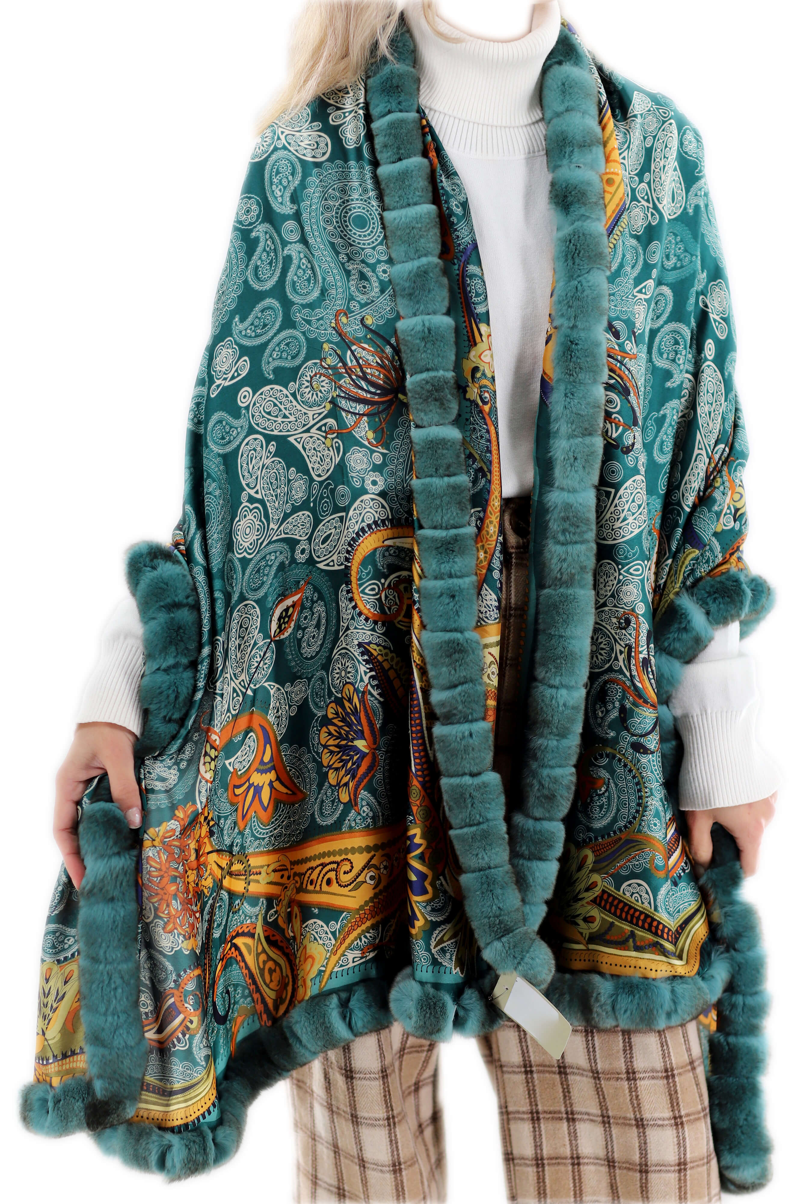 Oversized Paisley Print Wrap with Rex Rabbit Fur Trim - Green