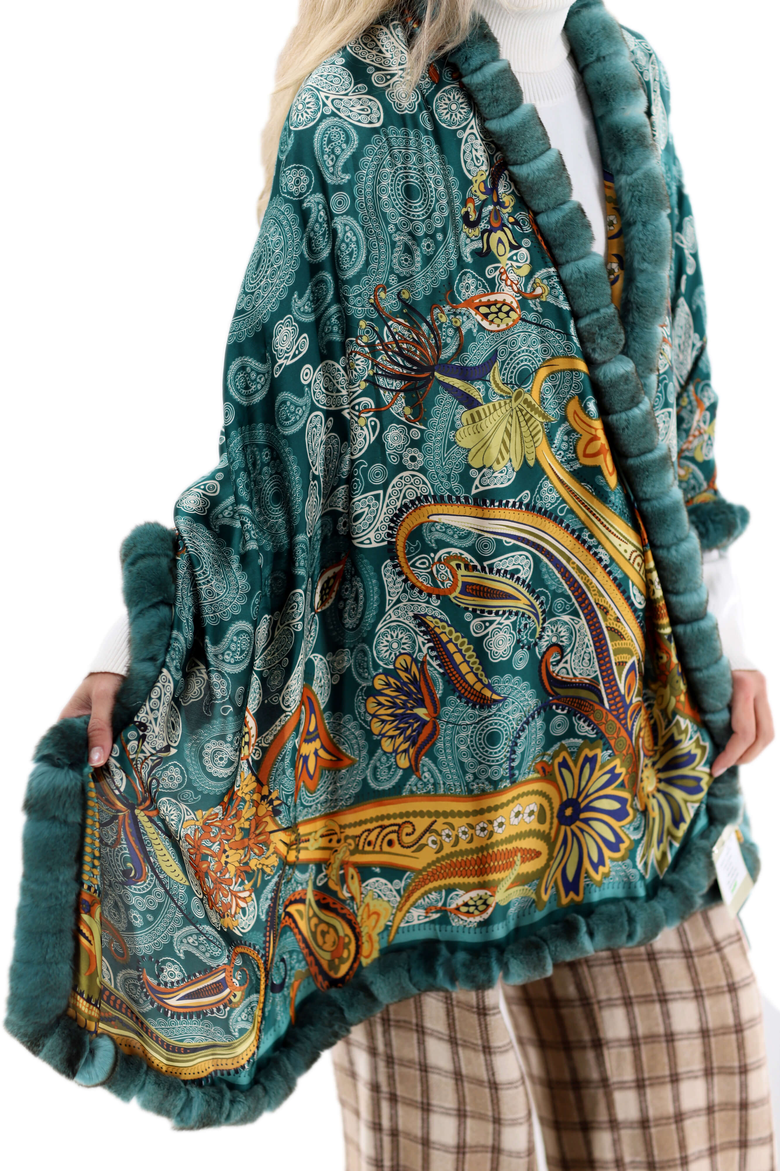 Oversized Paisley Print Wrap with Rex Rabbit Fur Trim - Green
