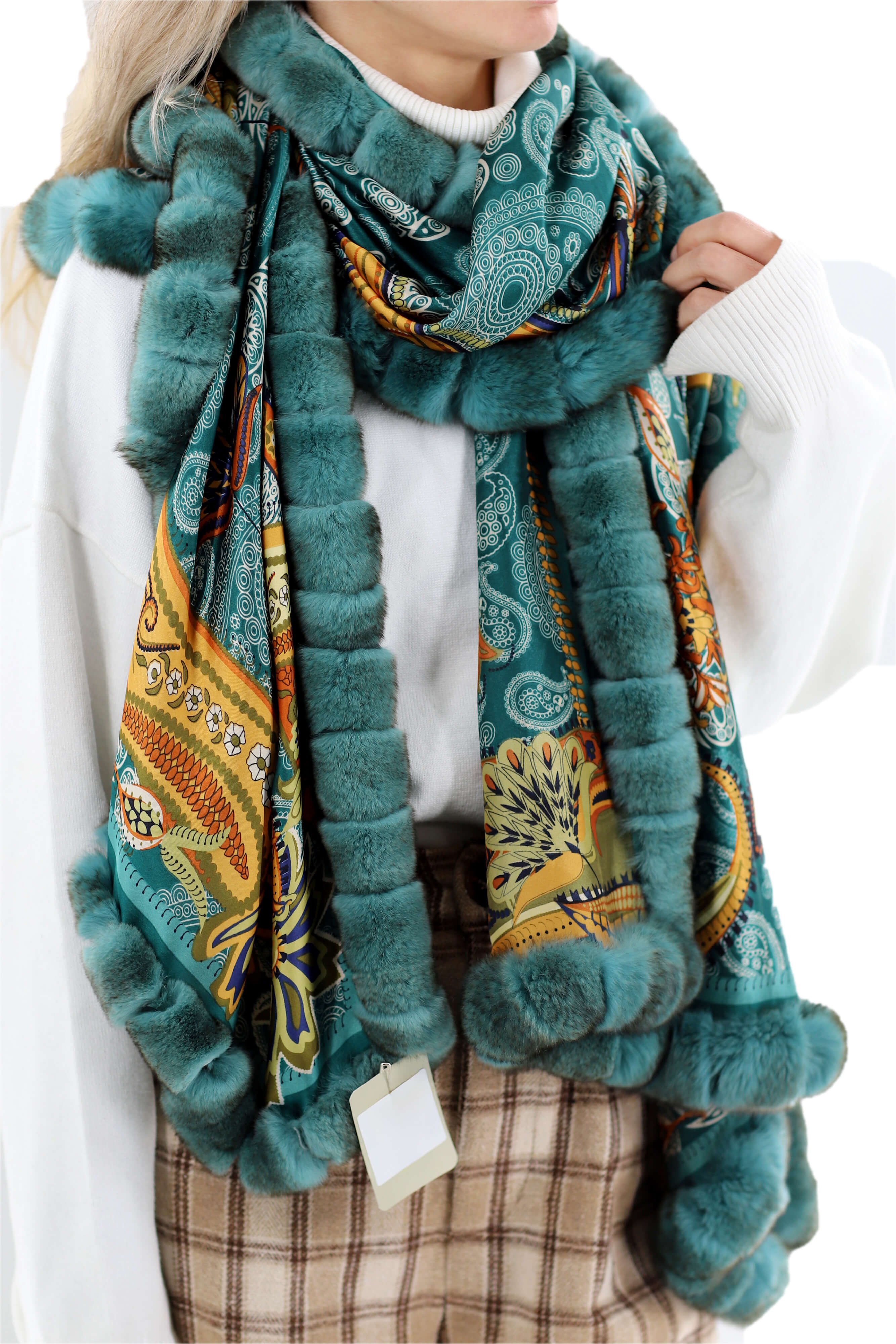 Oversized Paisley Print Wrap with Rex Rabbit Fur Trim - Green