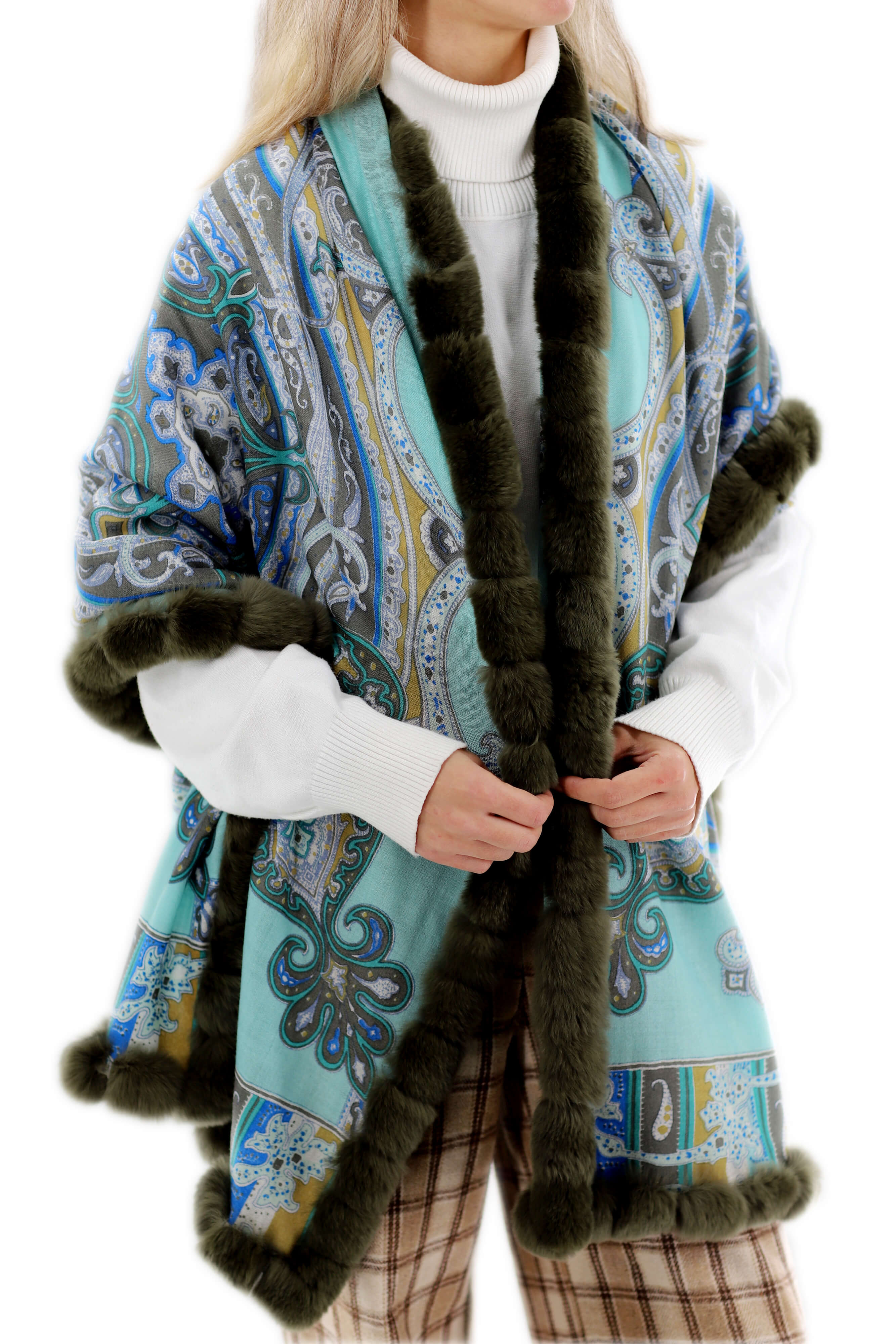 Paisley Print 100% Wool Wrap with Rex Fur Trim - Olive - Fur Wrap - La Fiorentina