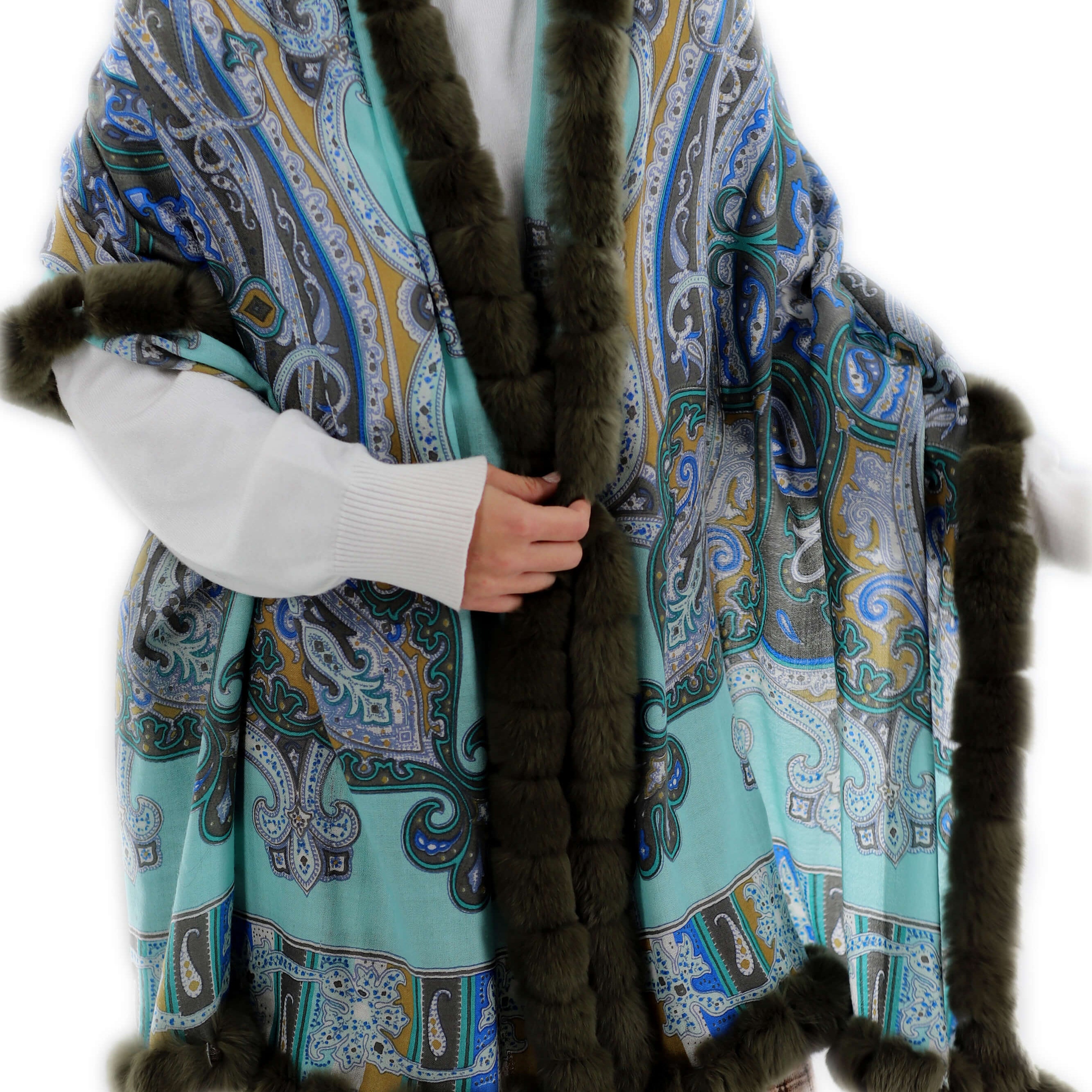 Paisley Print 100% Wool Wrap with Rex Fur Trim - Olive - Fur Wrap - La Fiorentina
