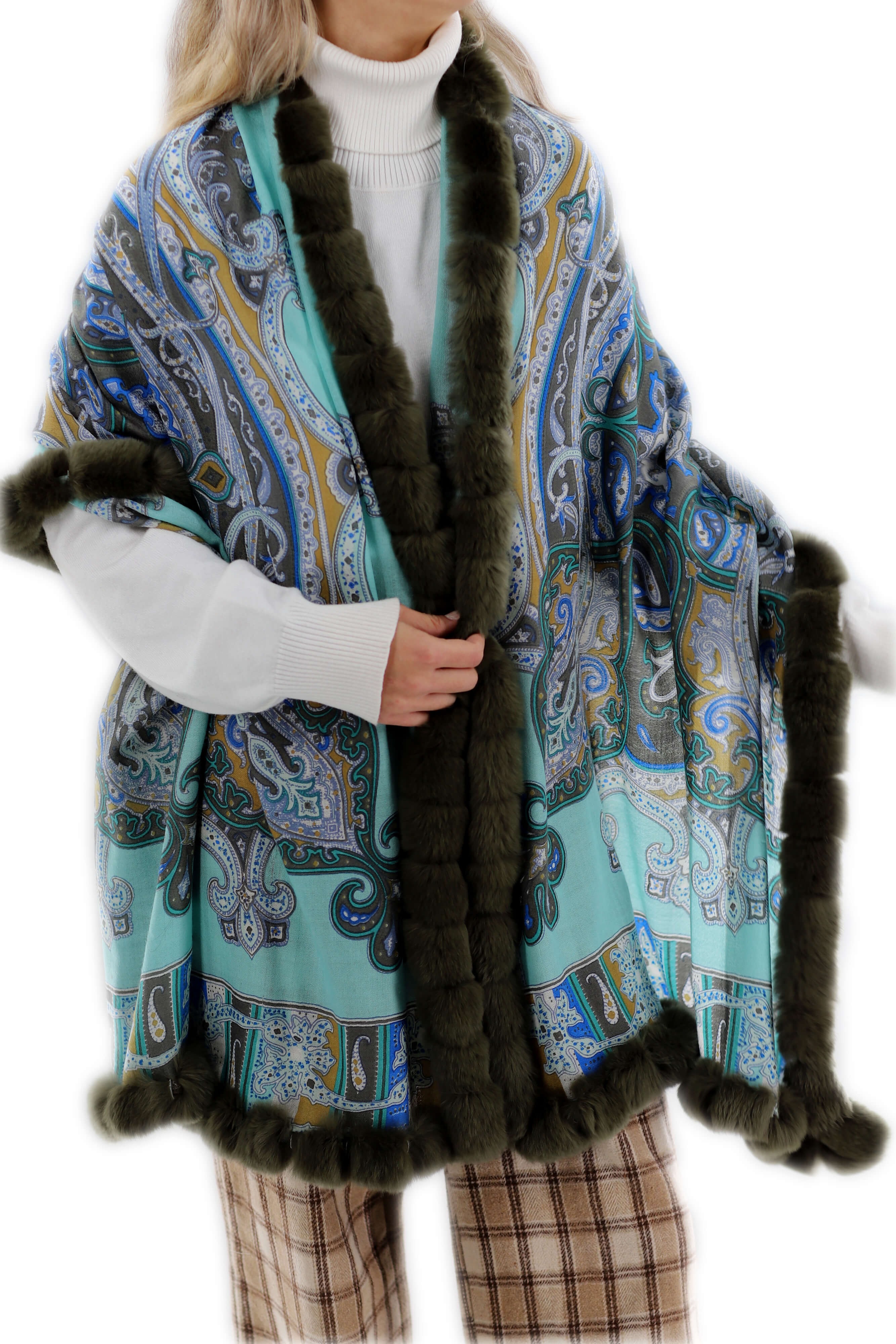 Paisley Print 100% Wool Wrap with Rex Fur Trim - Olive - Fur Wrap - La Fiorentina