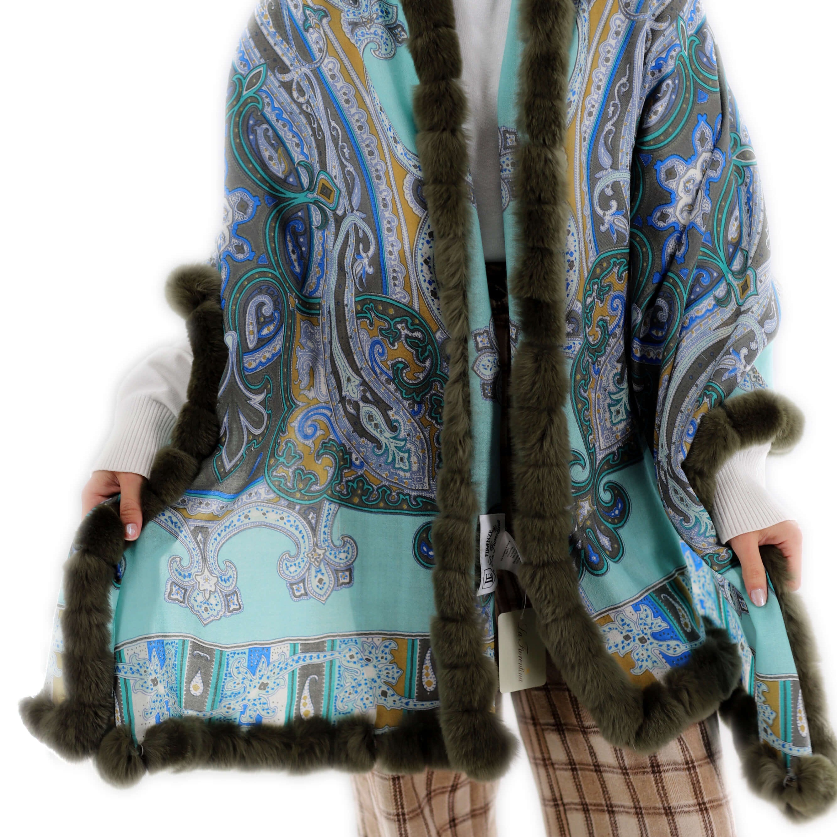 Paisley Print 100% Wool Wrap with Rex Fur Trim - Olive - Fur Wrap - La Fiorentina