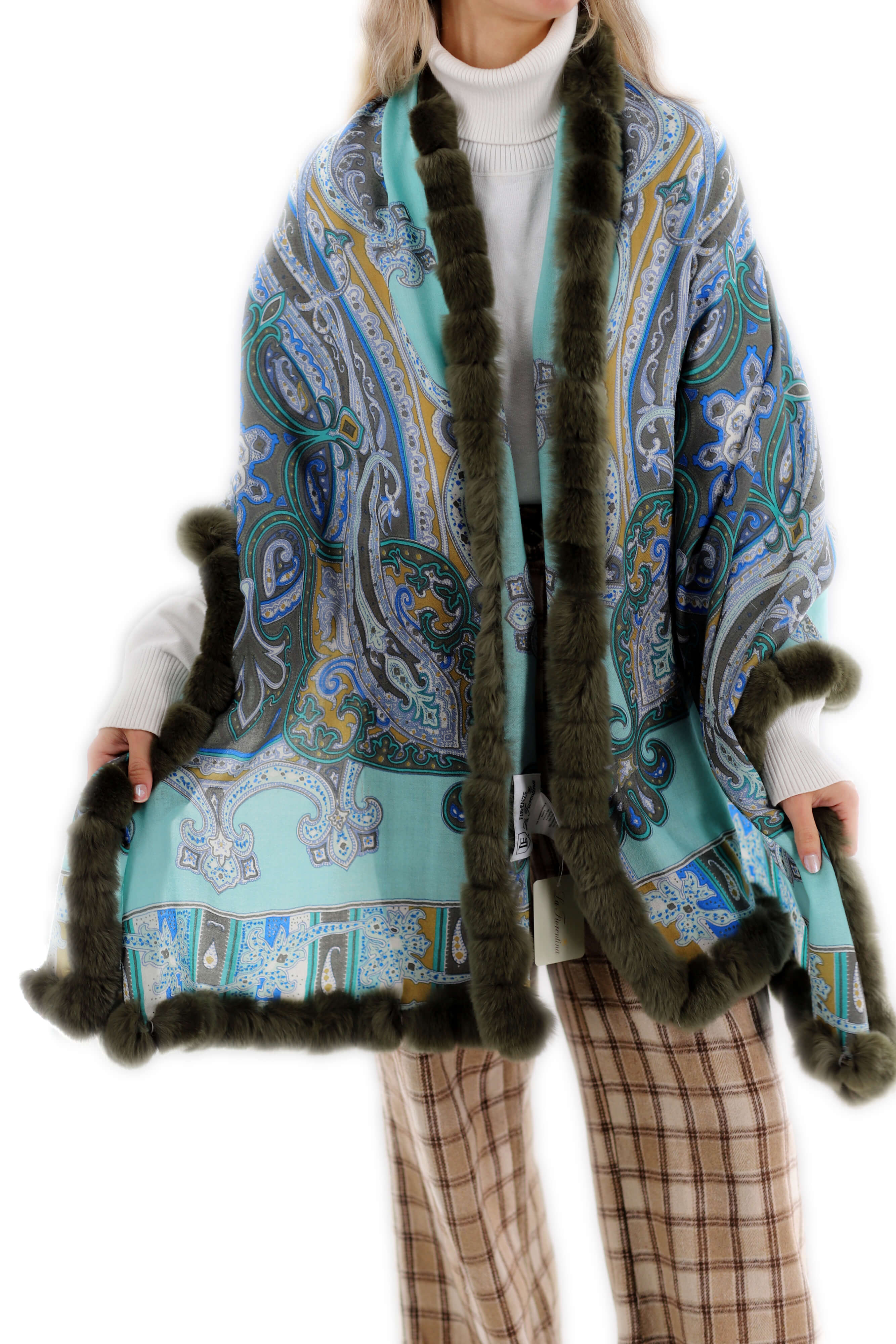 Paisley Print 100% Wool Wrap with Rex Fur Trim - Olive - Fur Wrap - La Fiorentina