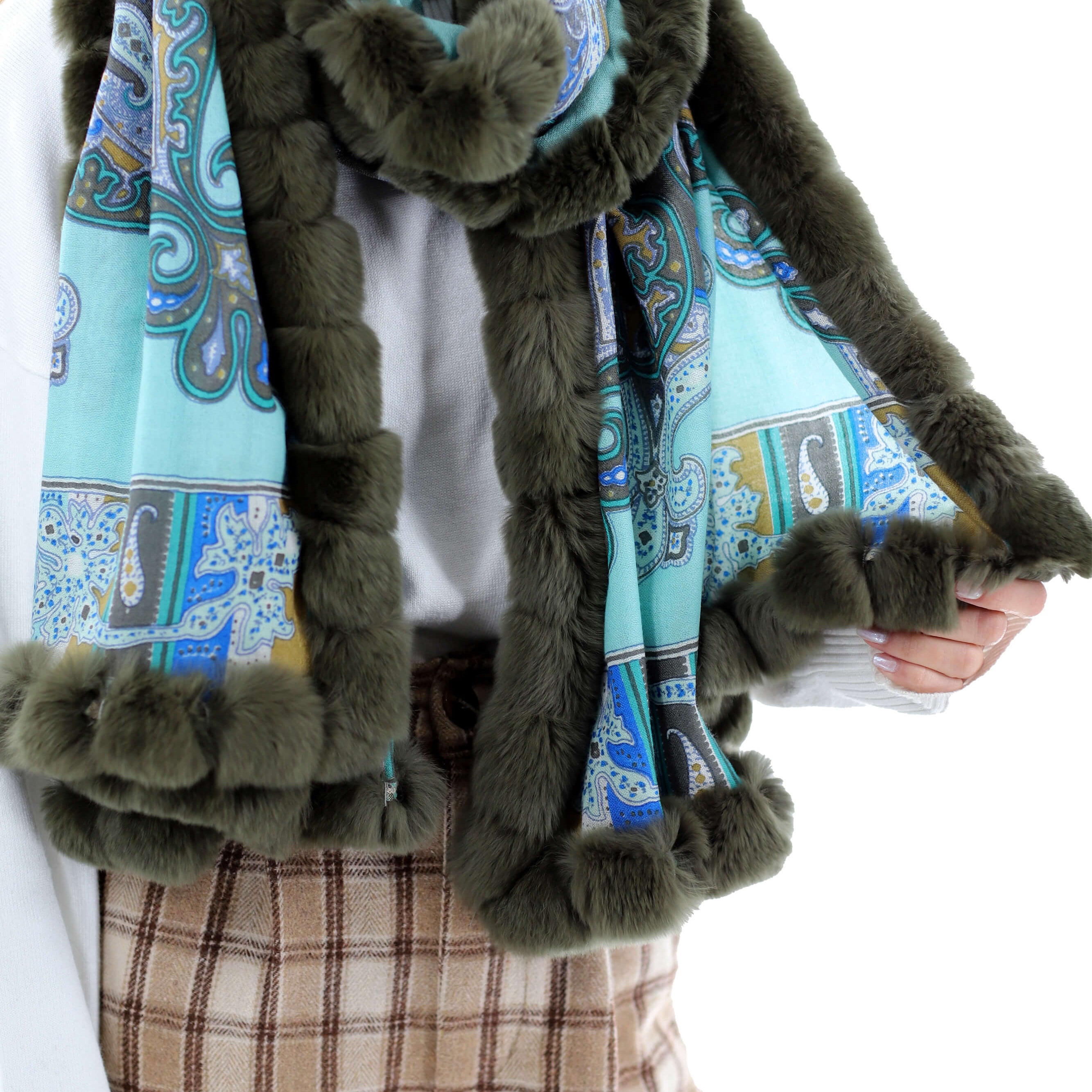 Paisley Print 100% Wool Wrap with Rex Fur Trim - Olive - Fur Wrap - La Fiorentina