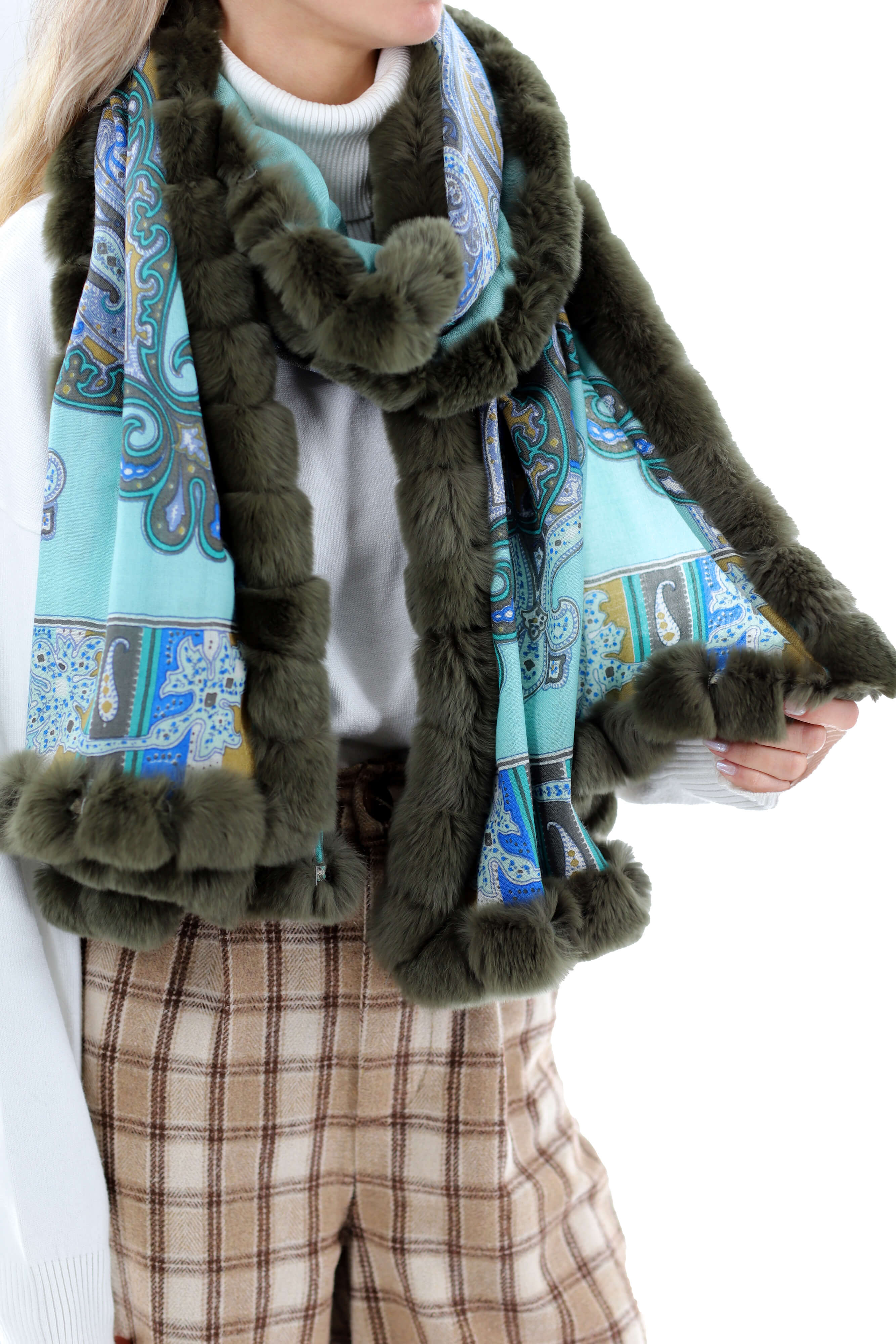 Paisley Print 100% Wool Wrap with Rex Fur Trim - Olive - Fur Wrap - La Fiorentina