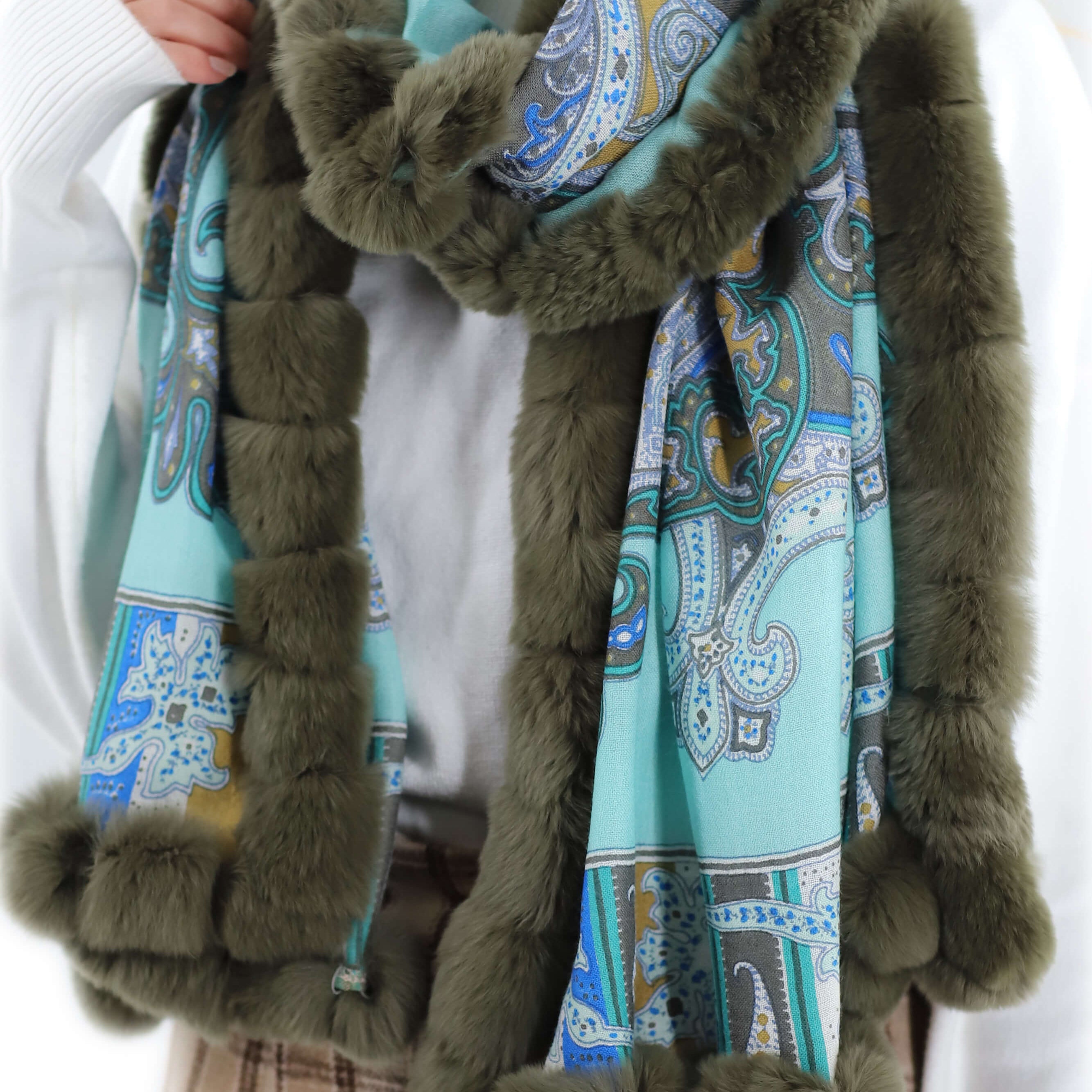 Paisley Print 100% Wool Wrap with Rex Fur Trim - Olive