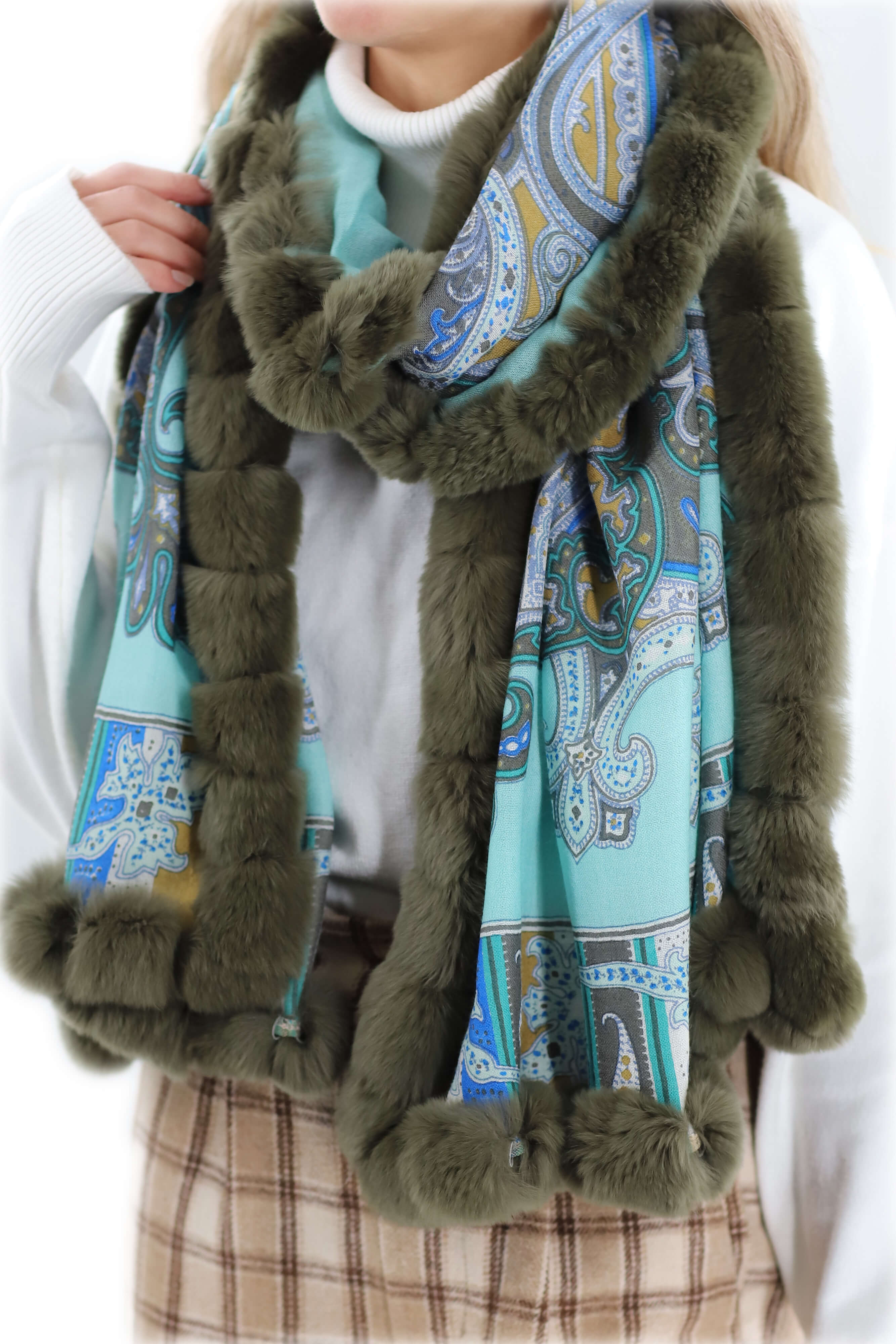 Paisley Print 100% Wool Wrap with Rex Fur Trim - Olive - Fur Wrap - La Fiorentina