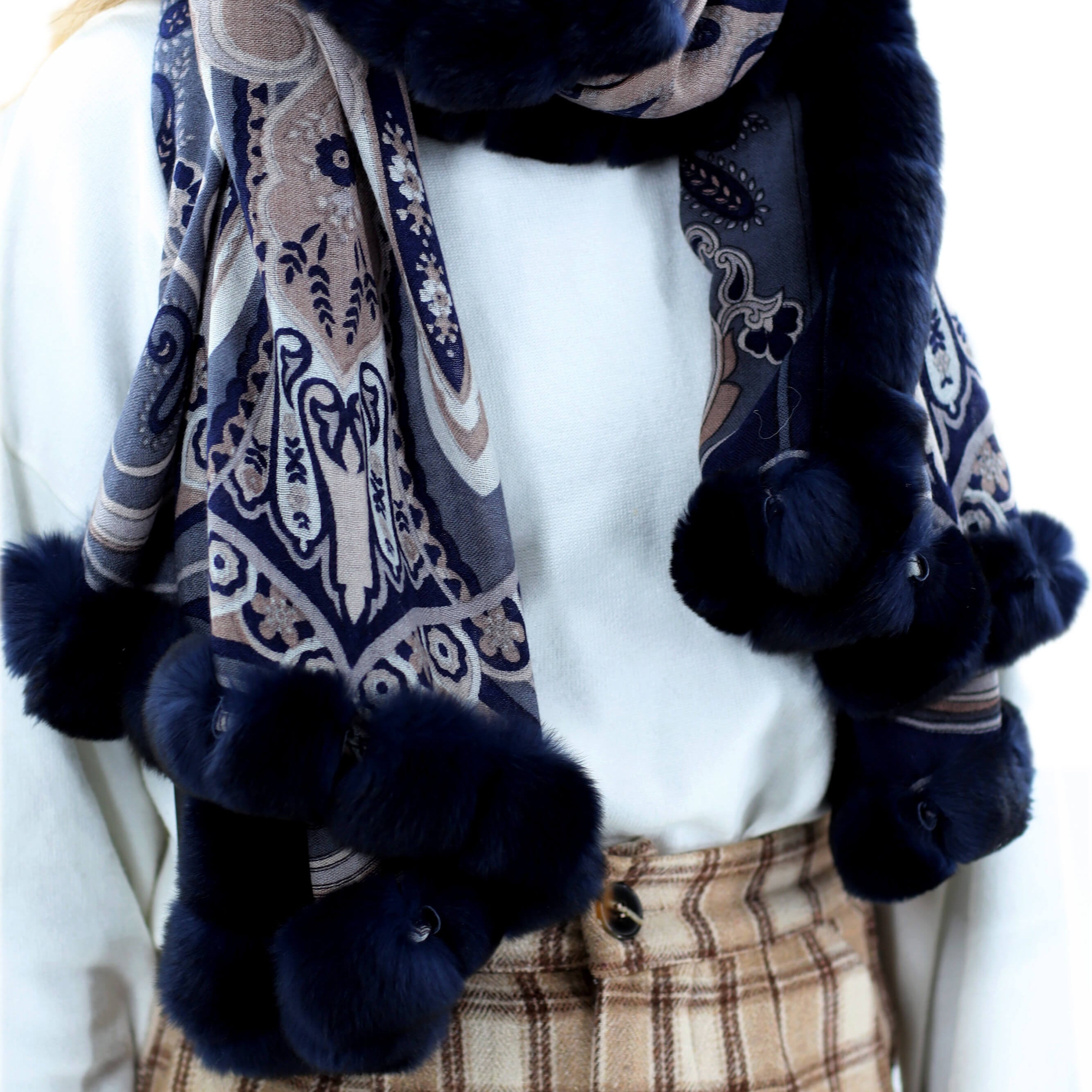 Paisley Print 100% Wool Wrap with Rex Fur Trim - Navy